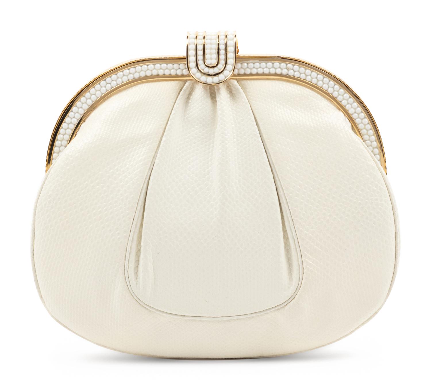 Judith Leiber White Karung Shirred Bag with White Rhinestones