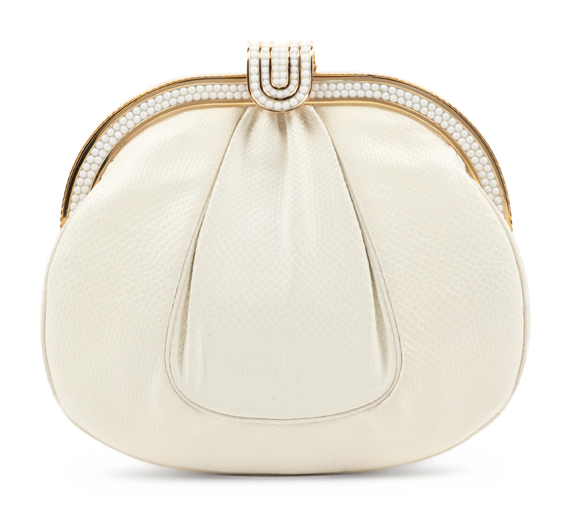 Judith Leiber White Karung Shirred Bag with White Rhinestones