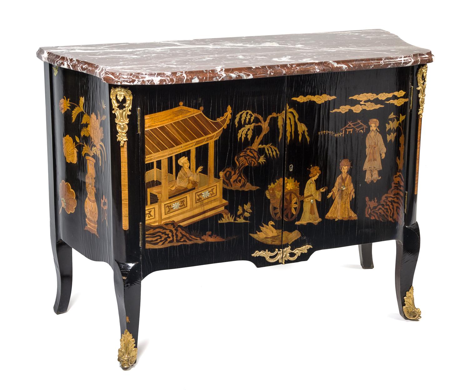 A Louis XV/XVI Transitional Style Ebonized Wood and Marquetry Commode Height 34 1/2 x width 47 1/2 x depth 21 1/4 inches. — 19TH CENTURY