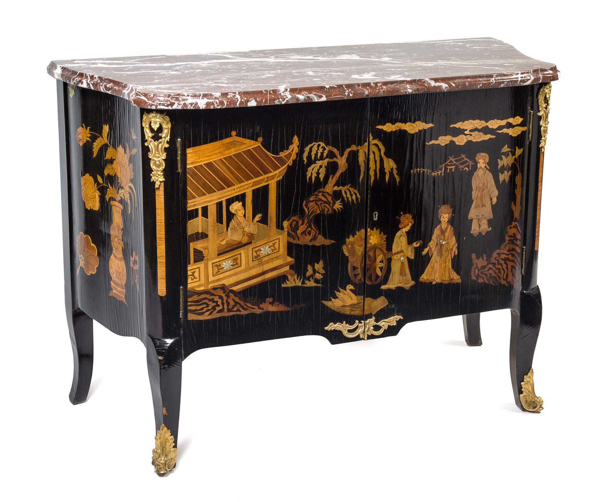 A Louis XV/XVI Transitional Style Ebonized Wood and Marquetry Commode Height 34 1/2 x width 47 1/2 x depth 21 1/4 inches. — 19TH CENTURY