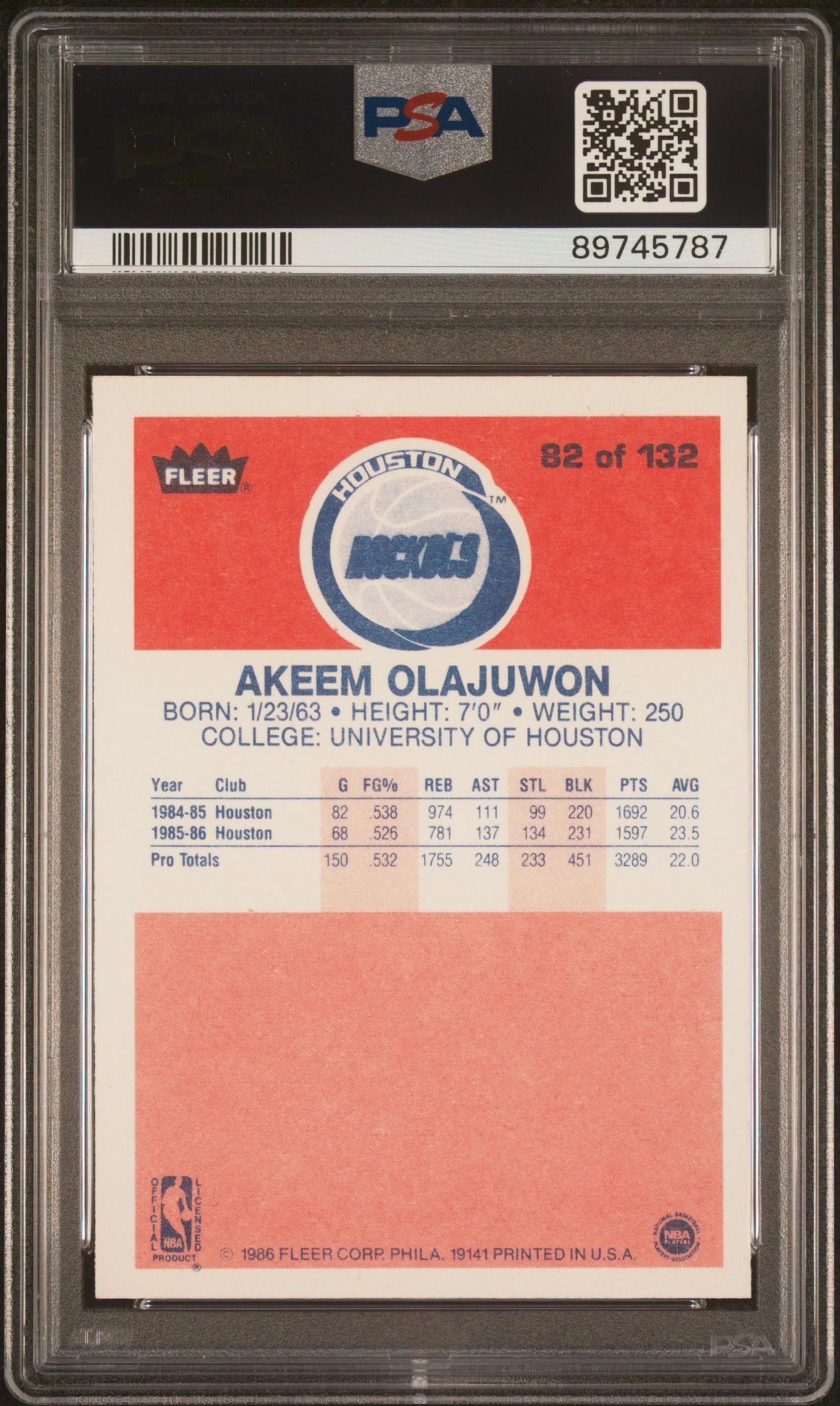 A 1986-87 Hakeem (Akeem) Olajuwon Rookie Basketball Card No. 82 (PSA 9 MINT)