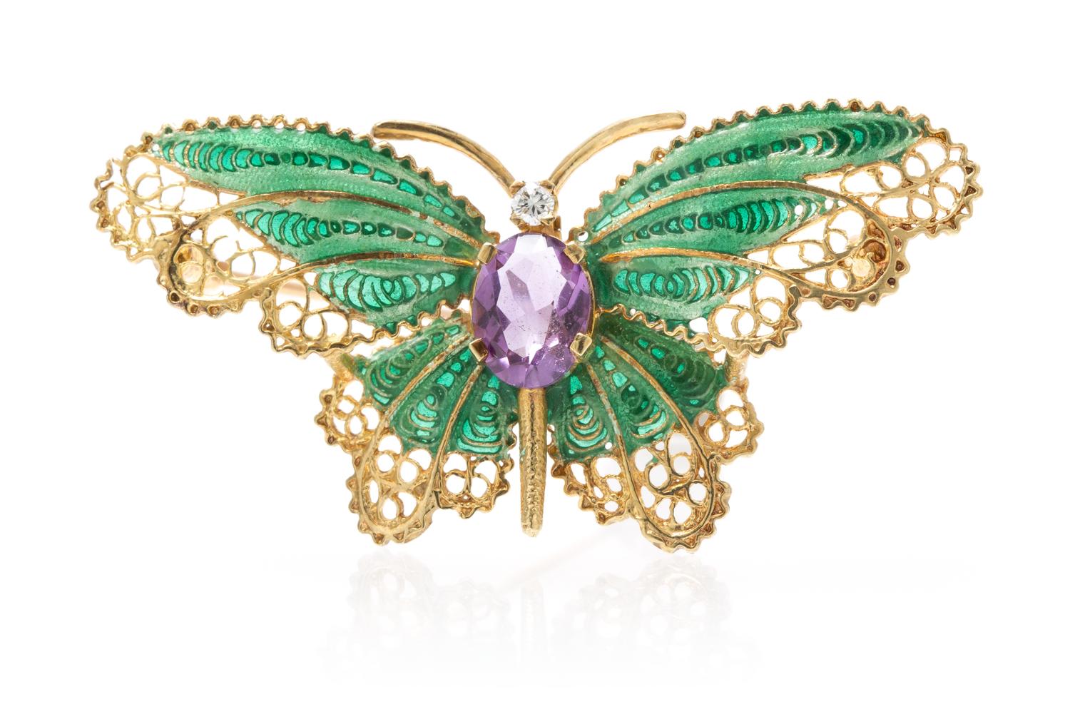 A 14 Karat Yellow Gold, Amethyst, Diamond and Enamel Butterfly Brooch, 4.60 dwts.