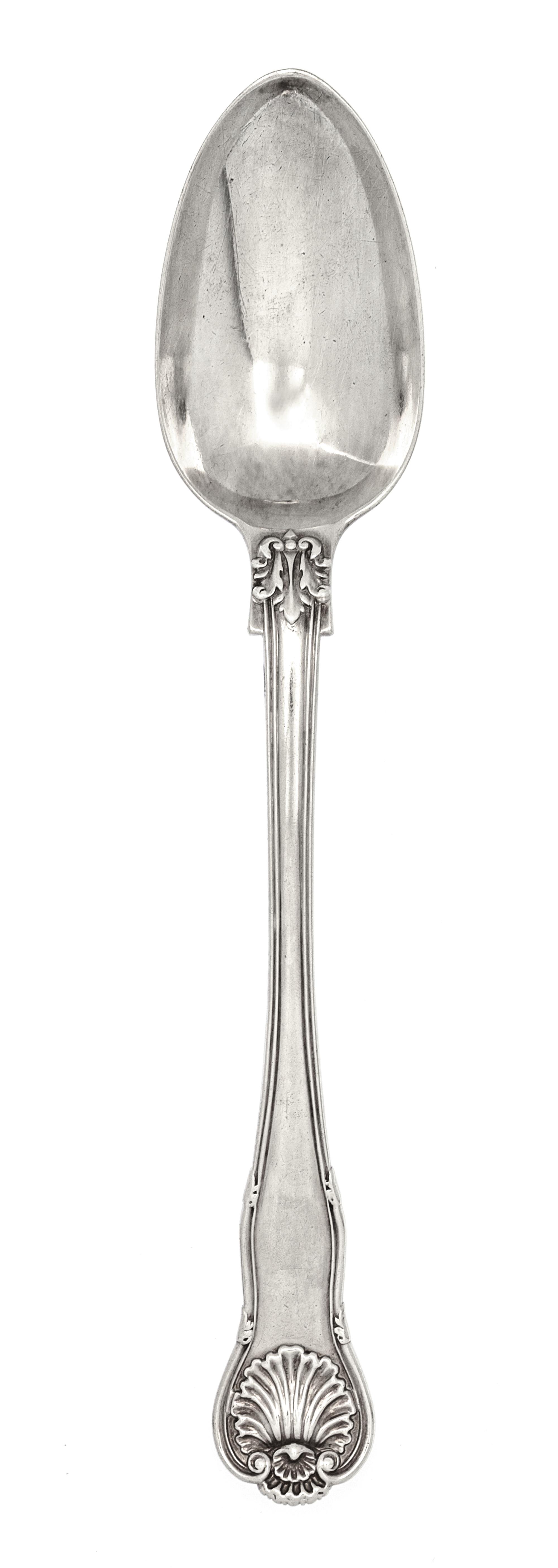 A George III Silver Serving Spoon, William Eley & William Fearn, London, 1783, having foliate and shell decoration, the underside with