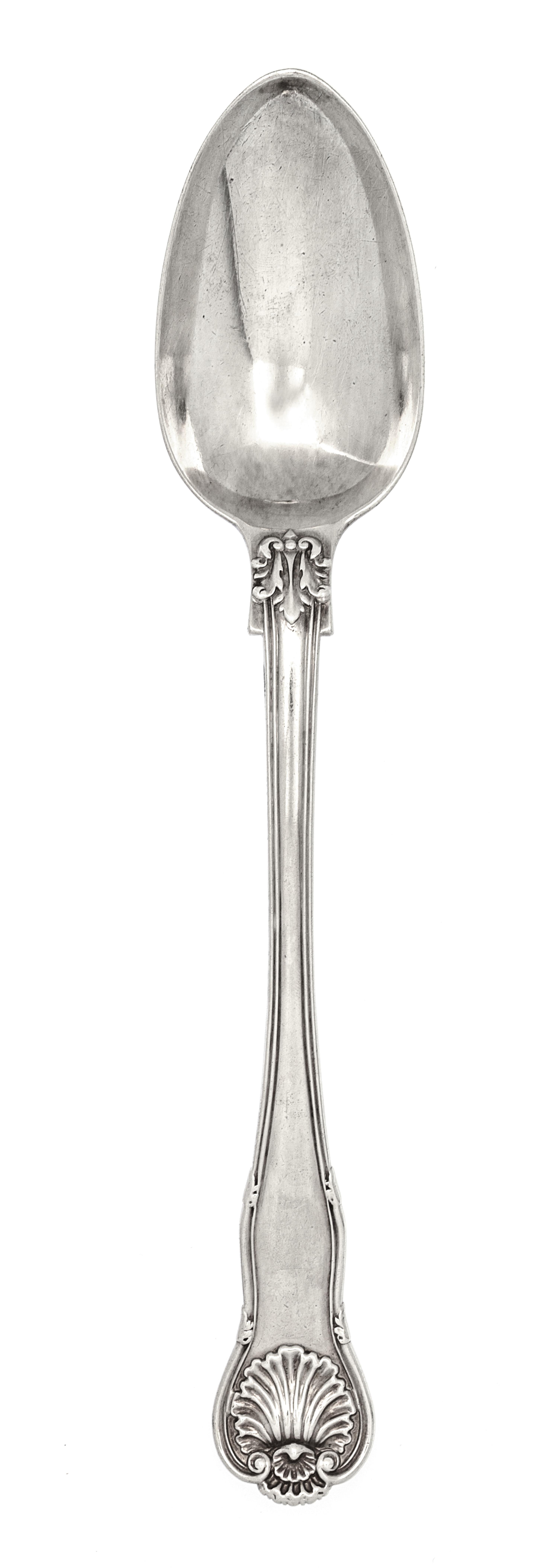 A George III Silver Serving Spoon, William Eley & William Fearn, London, 1783, having foliate and shell decoration, the underside with