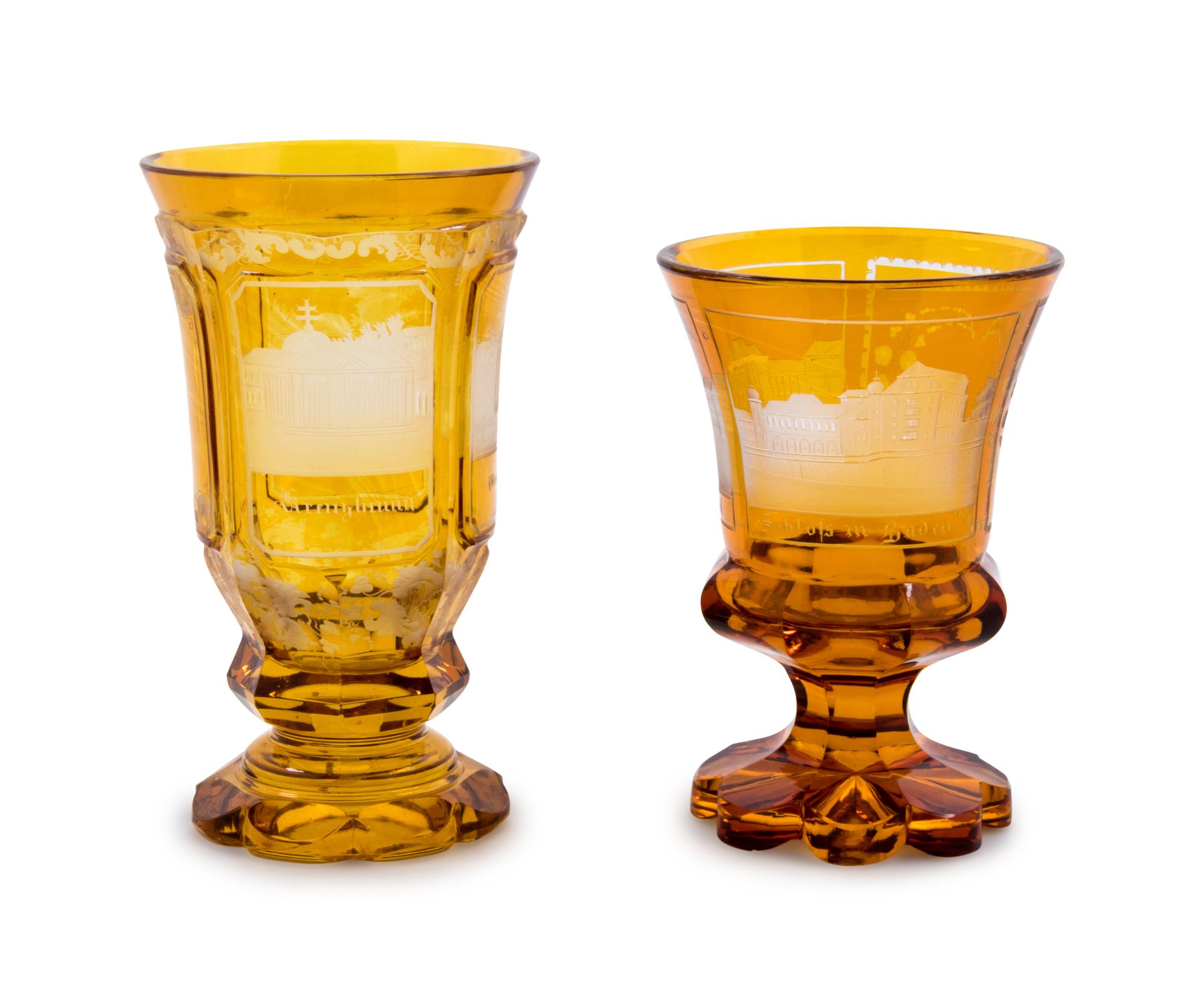 Two Bohemian Amber Cut-to-Clear Glass Pokals