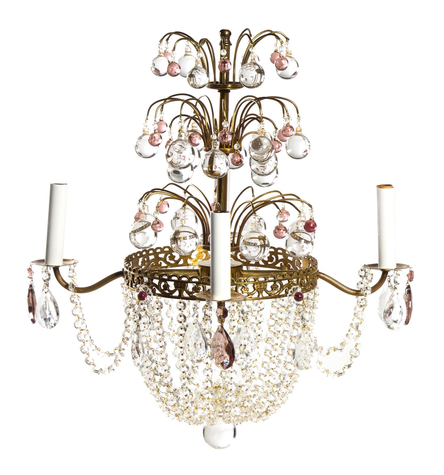 A Swedish Brass Four-Light Chandelier Height 27 1/2 x diameter 18 1/2 inches.