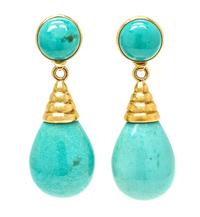 A Pair of 18 Karat Yellow Gold and Turquoise Pendant Earclips, 6.80 dwts.