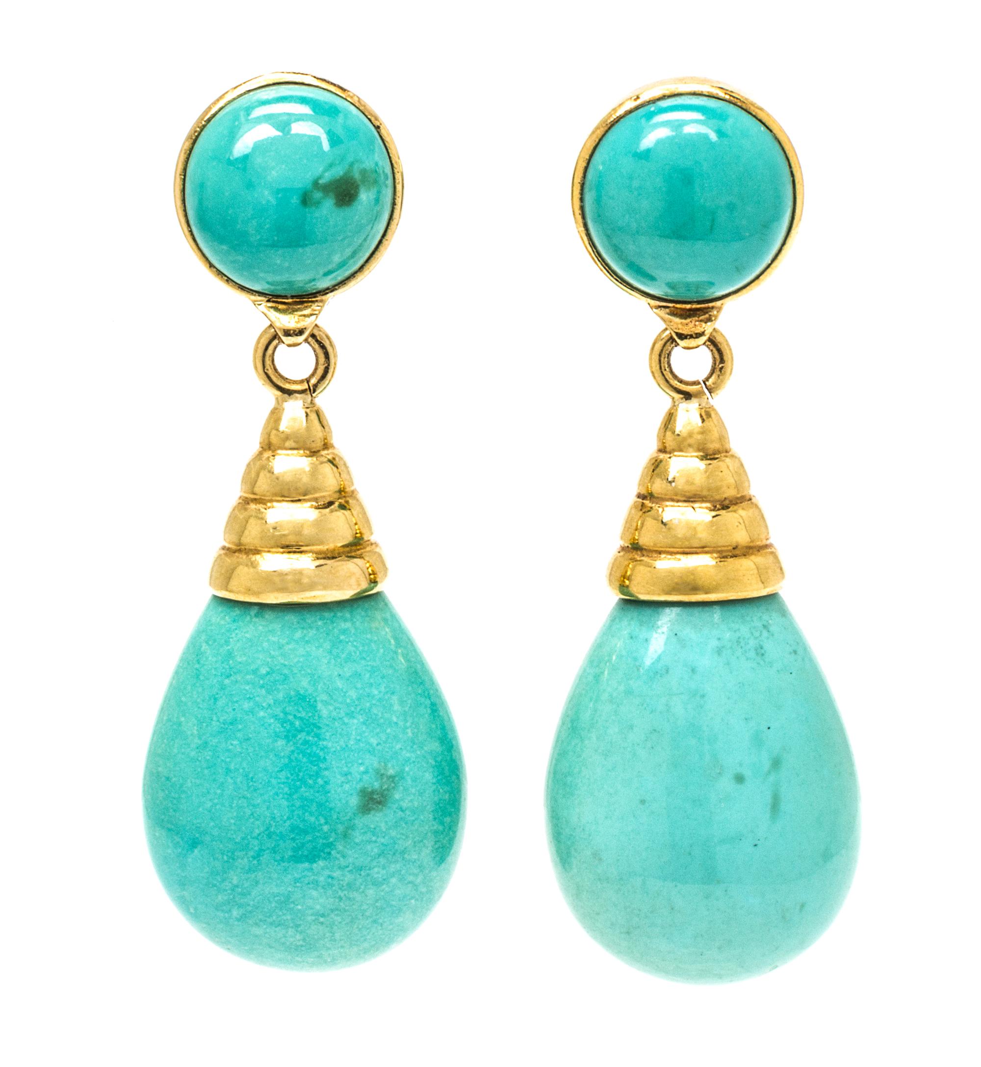 A Pair of 18 Karat Yellow Gold and Turquoise Pendant Earclips, 6.80 dwts.