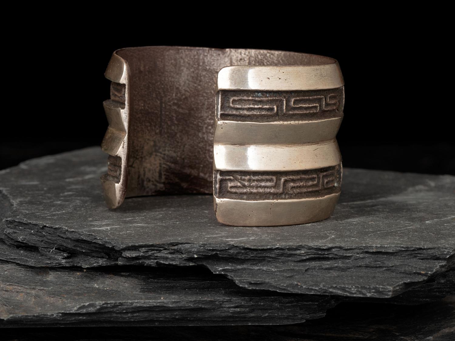 Turquoise and Coral Channel Inlaid Tufa Cast Silver Cuff Bracelet
