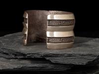 Turquoise and Coral Channel Inlaid Tufa Cast Silver Cuff Bracelet