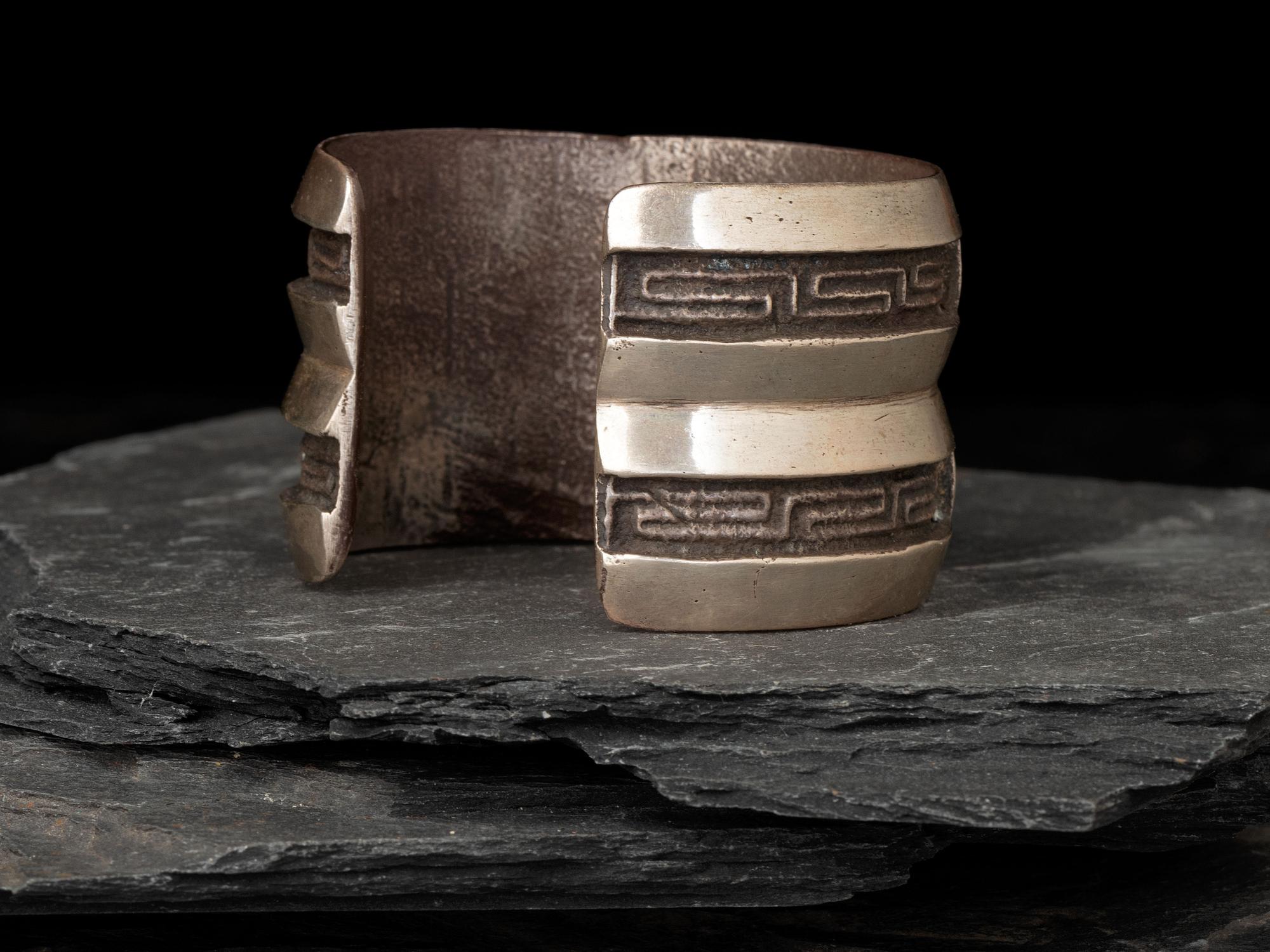 Turquoise and Coral Channel Inlaid Tufa Cast Silver Cuff Bracelet
