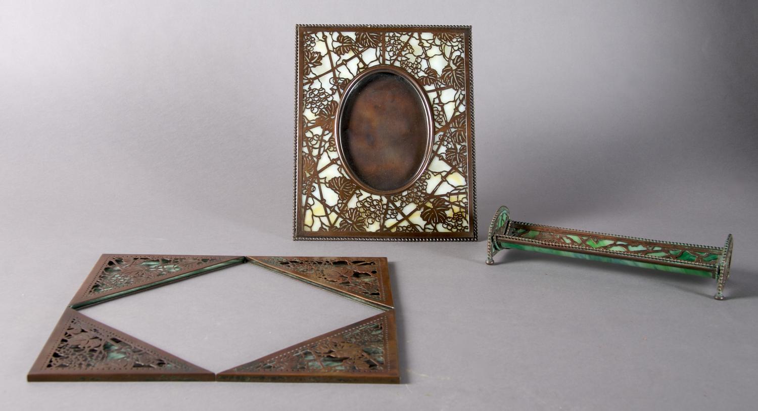 A Tiffany Studios Partial Bronze Desk Set, Grapevine, Height of first 10 inches.