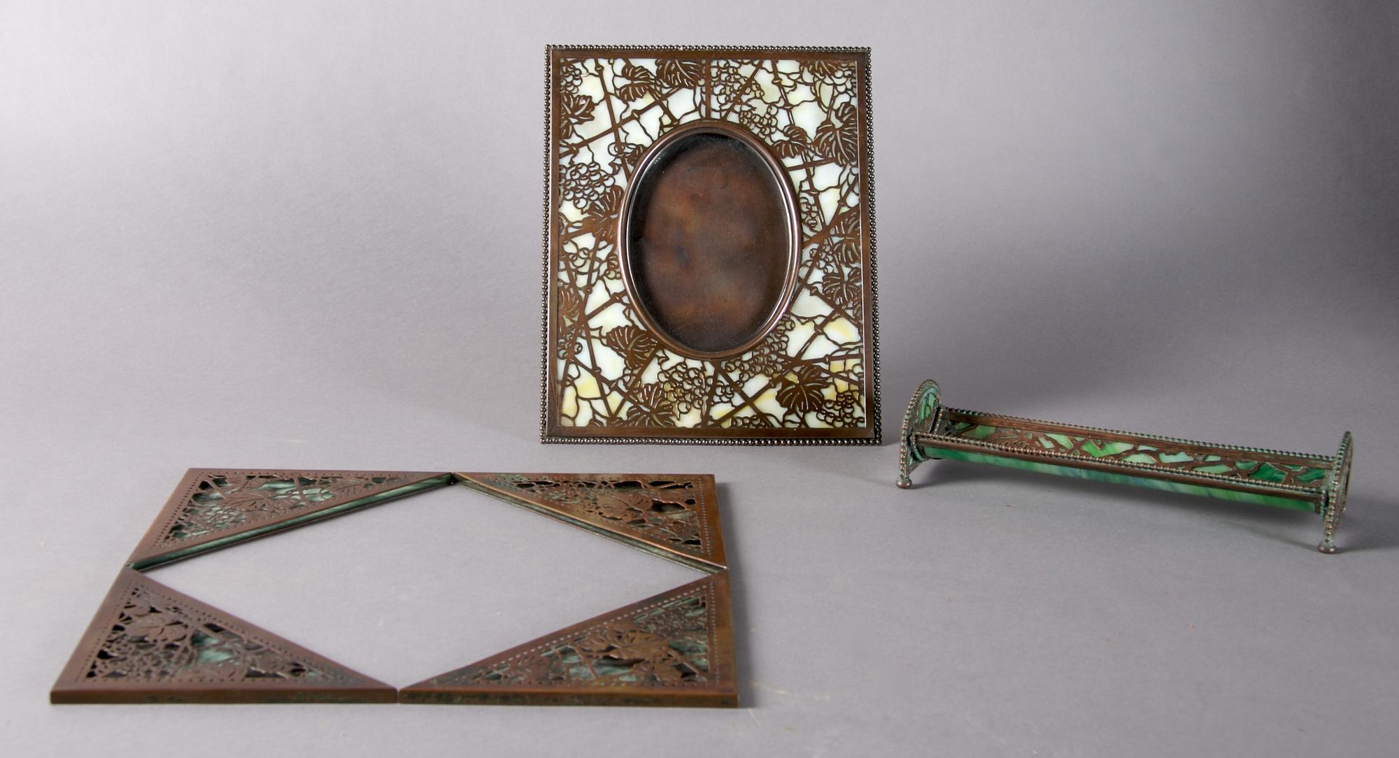 A Tiffany Studios Partial Bronze Desk Set, Grapevine, Height of first 10 inches.
