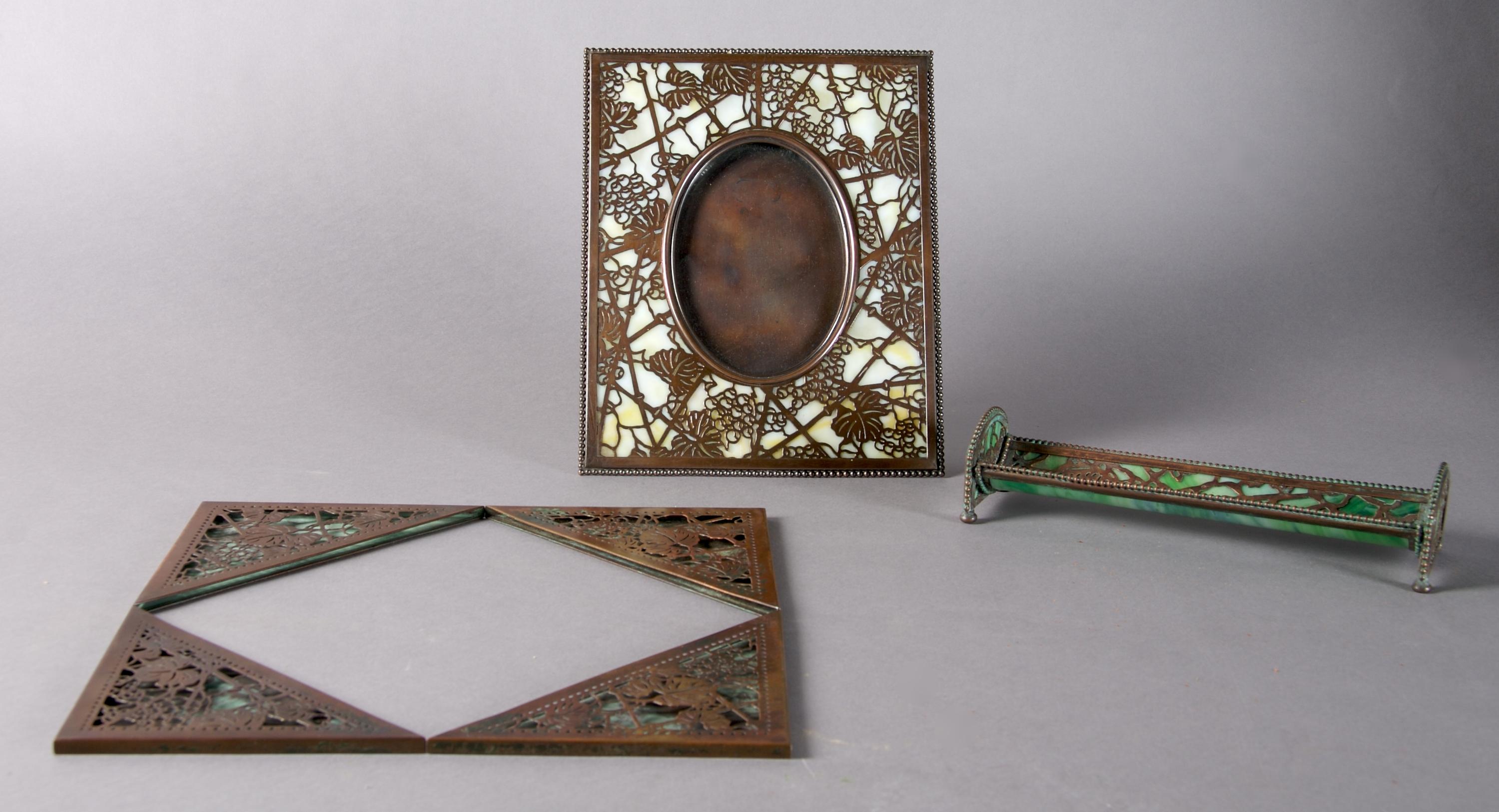 A Tiffany Studios Partial Bronze Desk Set, Grapevine, Height of first 10 inches.