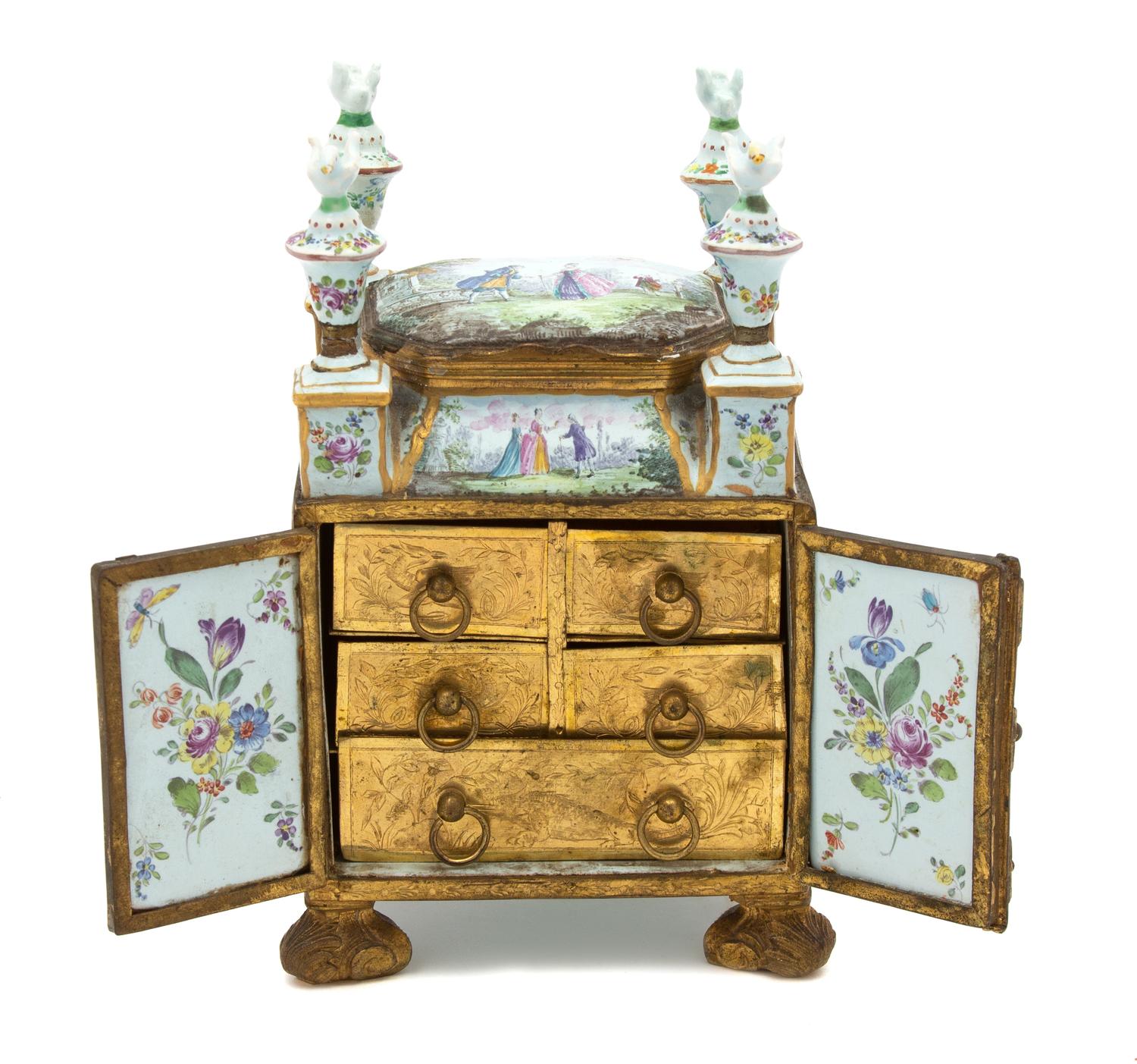 A Viennese Enamel and Gilt Bronze Neccessaire Height 6 1/2 x width 4 1/4 x depth 3 3/4 inches. — 19TH CENTURY