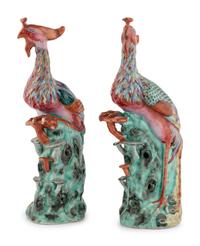 A Pair of Chinese Export Porcelain Phoenix Birds with Italian Giltwood Brackets
