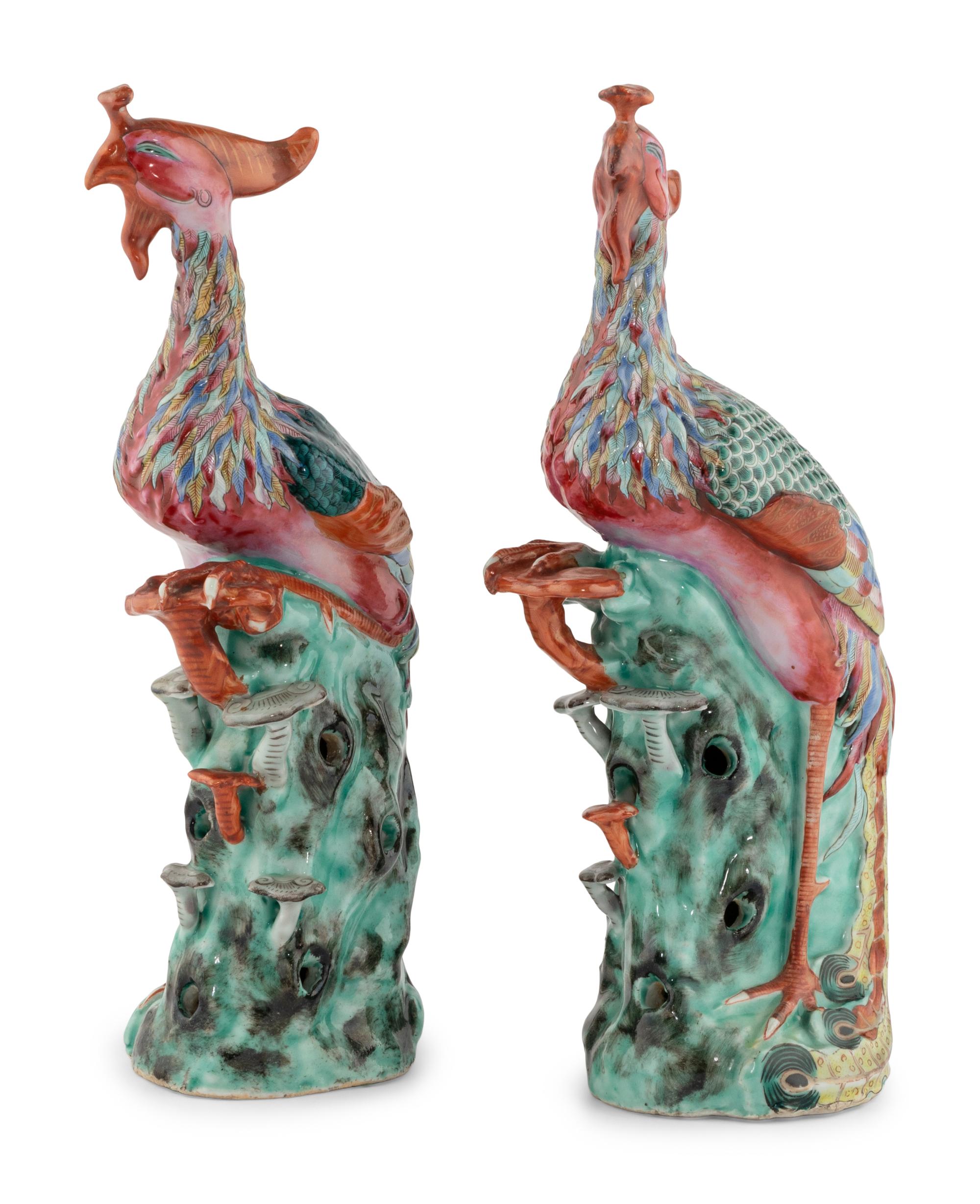 A Pair of Chinese Export Porcelain Phoenix Birds with Italian Giltwood Brackets