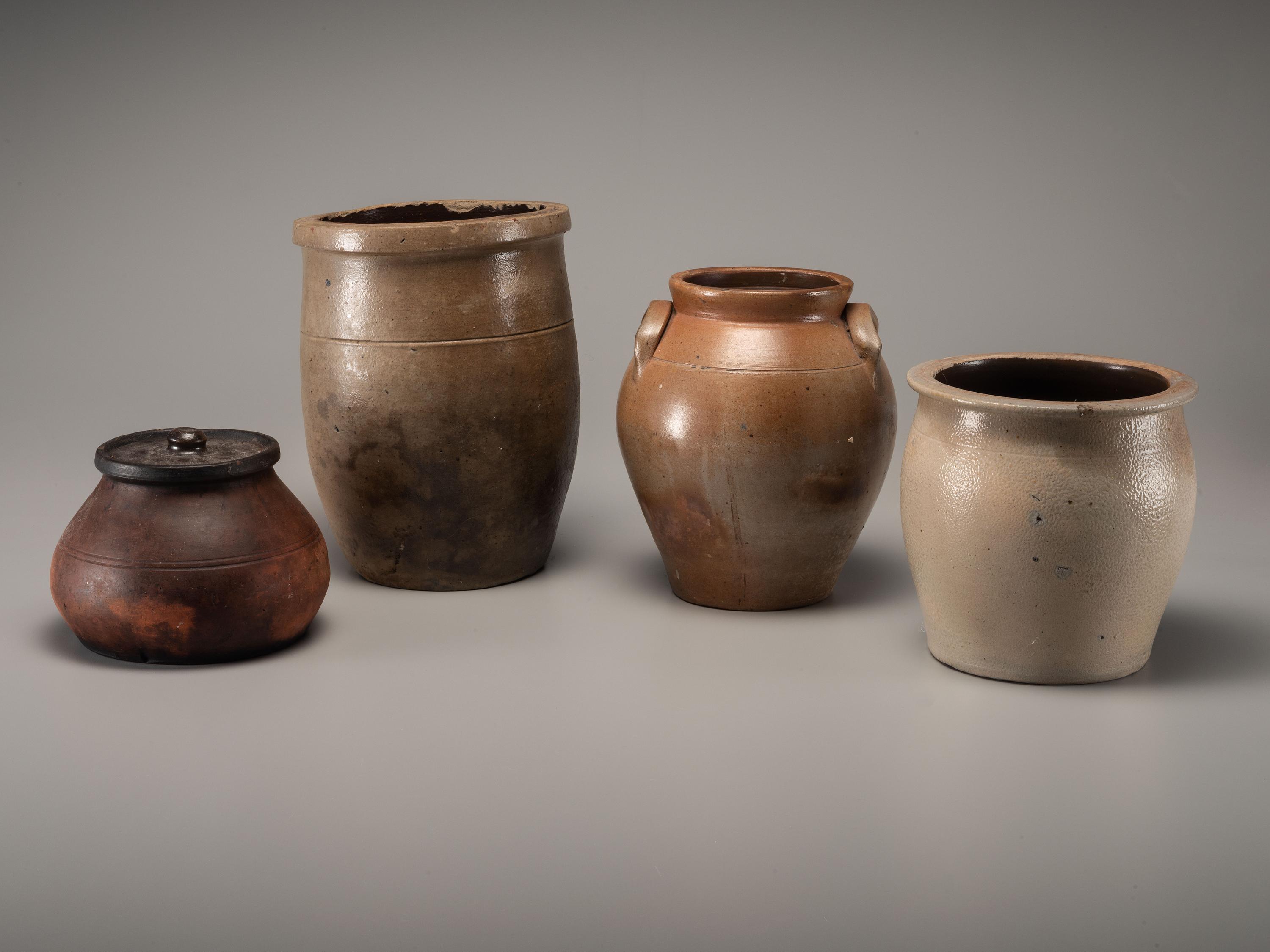 Three Cobalt Decorated Stoneware Vessels