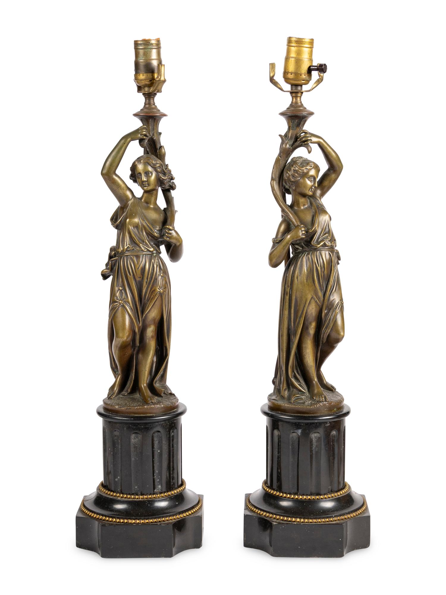 A Pair of French Bronze Figures Mounted as Lamps
