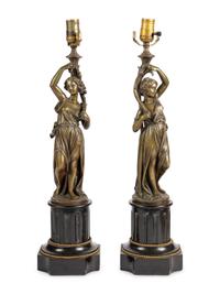 A Pair of French Bronze Figures Mounted as Lamps