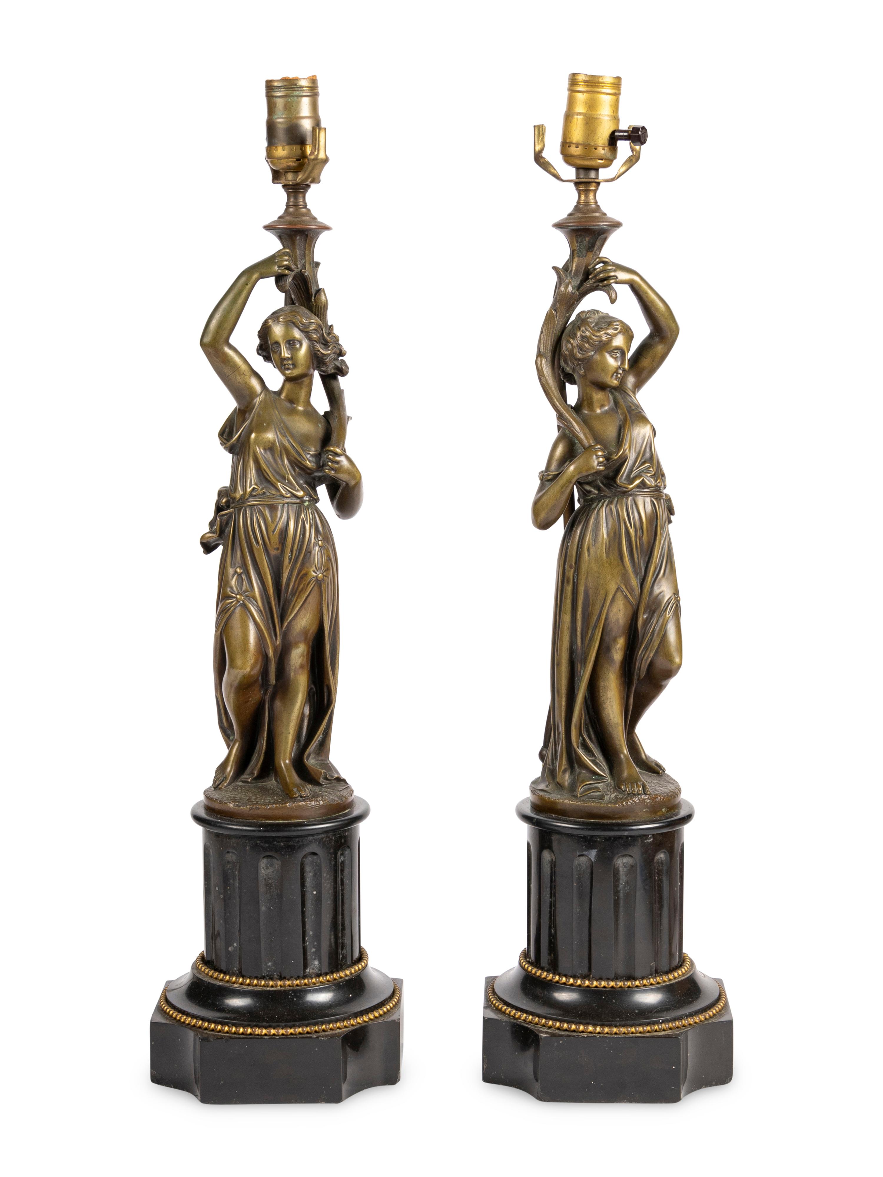 A Pair of French Bronze Figures Mounted as Lamps