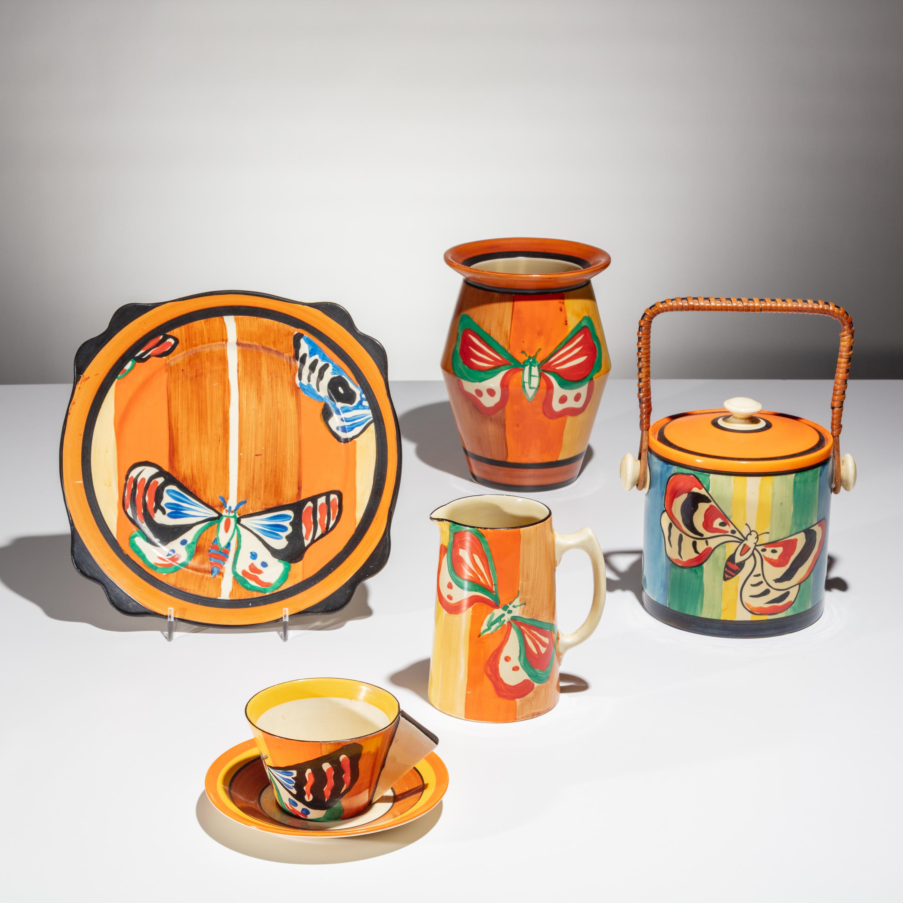 Clarice Cliff (English, 1899–1972) — Butterfly pattern, 5 pieces