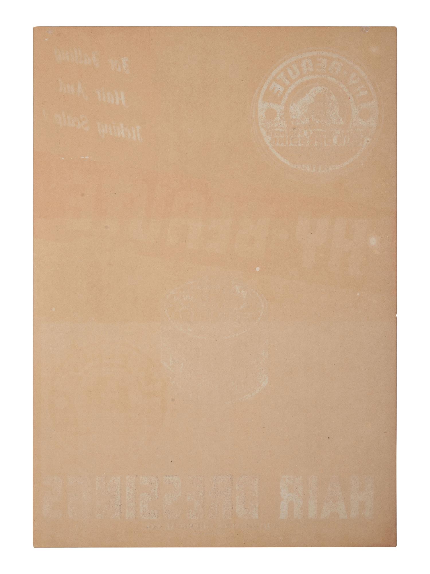[ADVERTISING]. Hy-Beaute Hair Dressings placard. Atlanta, GA: Hy Beaute Chemical Co., ca early 1950s. [ With: ] Approx. 90 Valmor product labels featuring African American models.