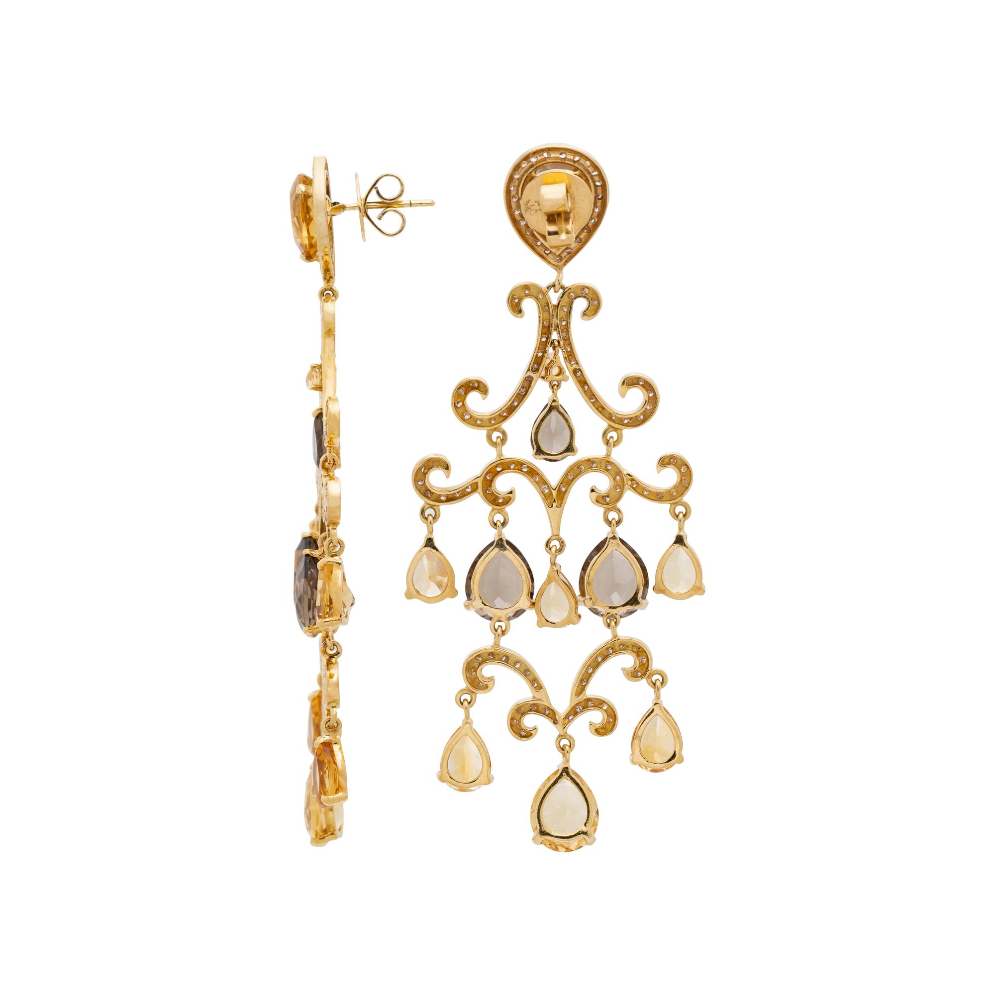 CITRINE, SMOKY QUARTZ AND DIAMOND CHANDELIER EARRINGS