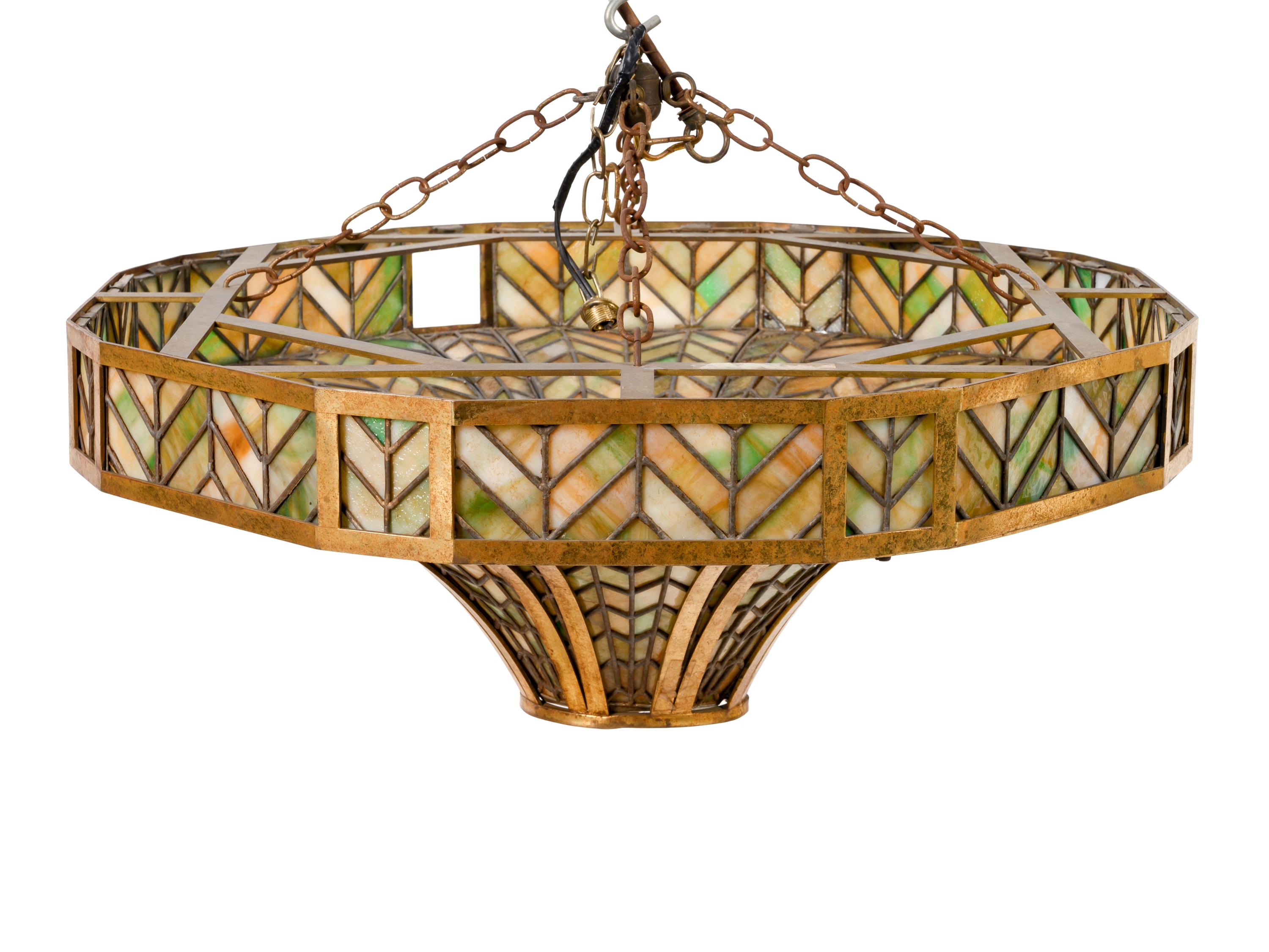 A Tiffany Style Brass and Colored Glass Hanging Light Fixture