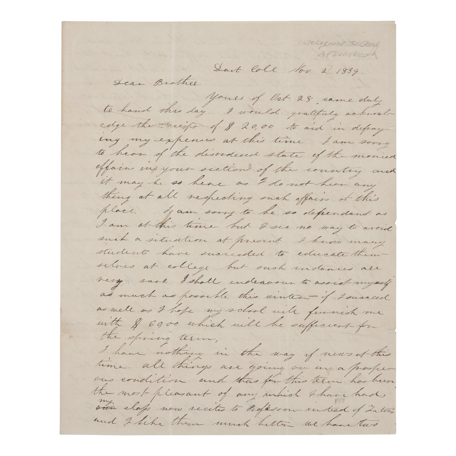 [African-Americana] [Underground Railroad] Autograph Letter, signed, by a Dartmouth Student Who Recounts the Arrival of a Runaway Slave