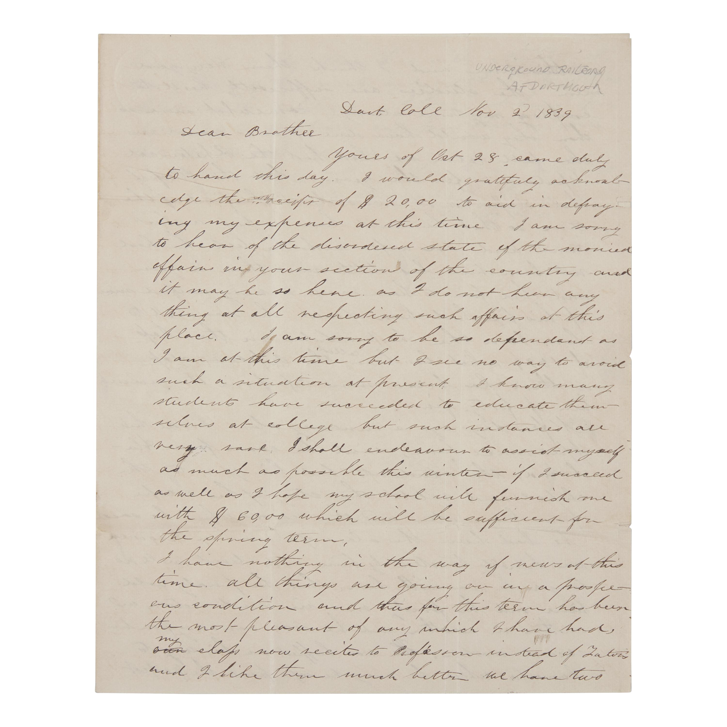 [African-Americana] [Underground Railroad] Autograph Letter, signed, by a Dartmouth Student Who Recounts the Arrival of a Runaway Slave