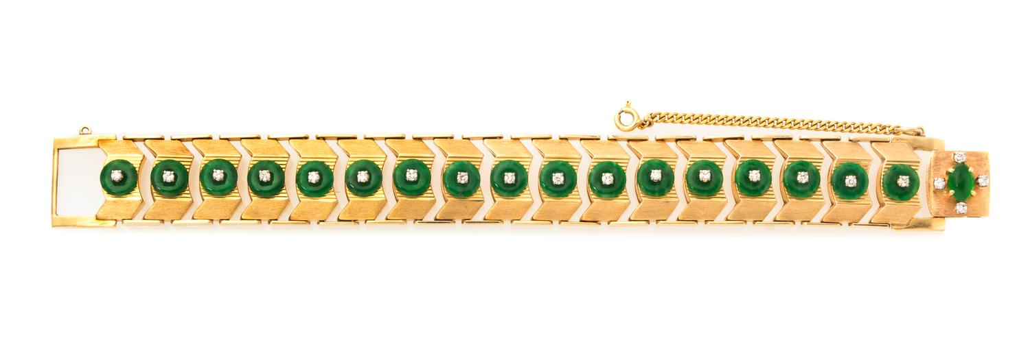 A 14 Karat Rose Gold, Jade and Diamond Bracelet, 28.20 dwts.