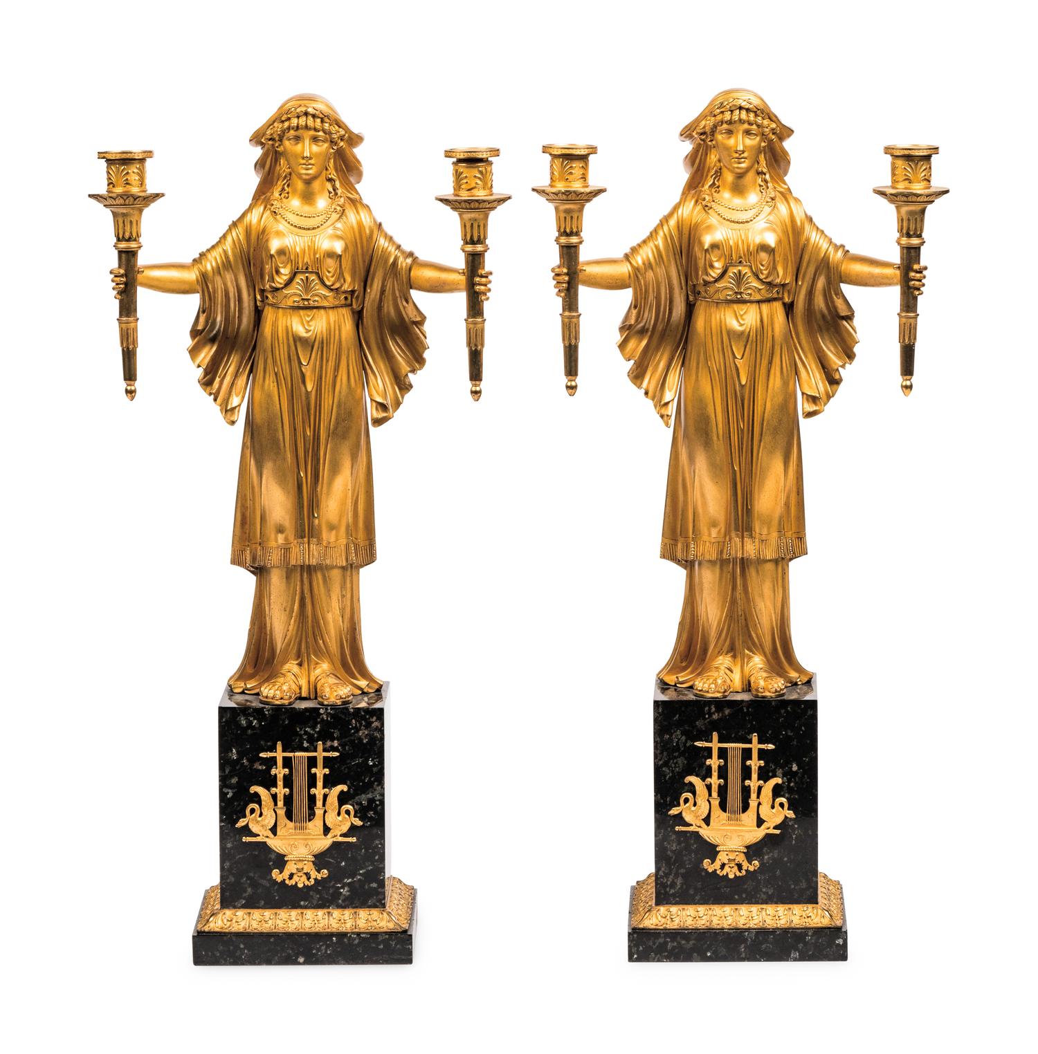 A Pair of Restauration Ormolu and Marble Figural Candelabra