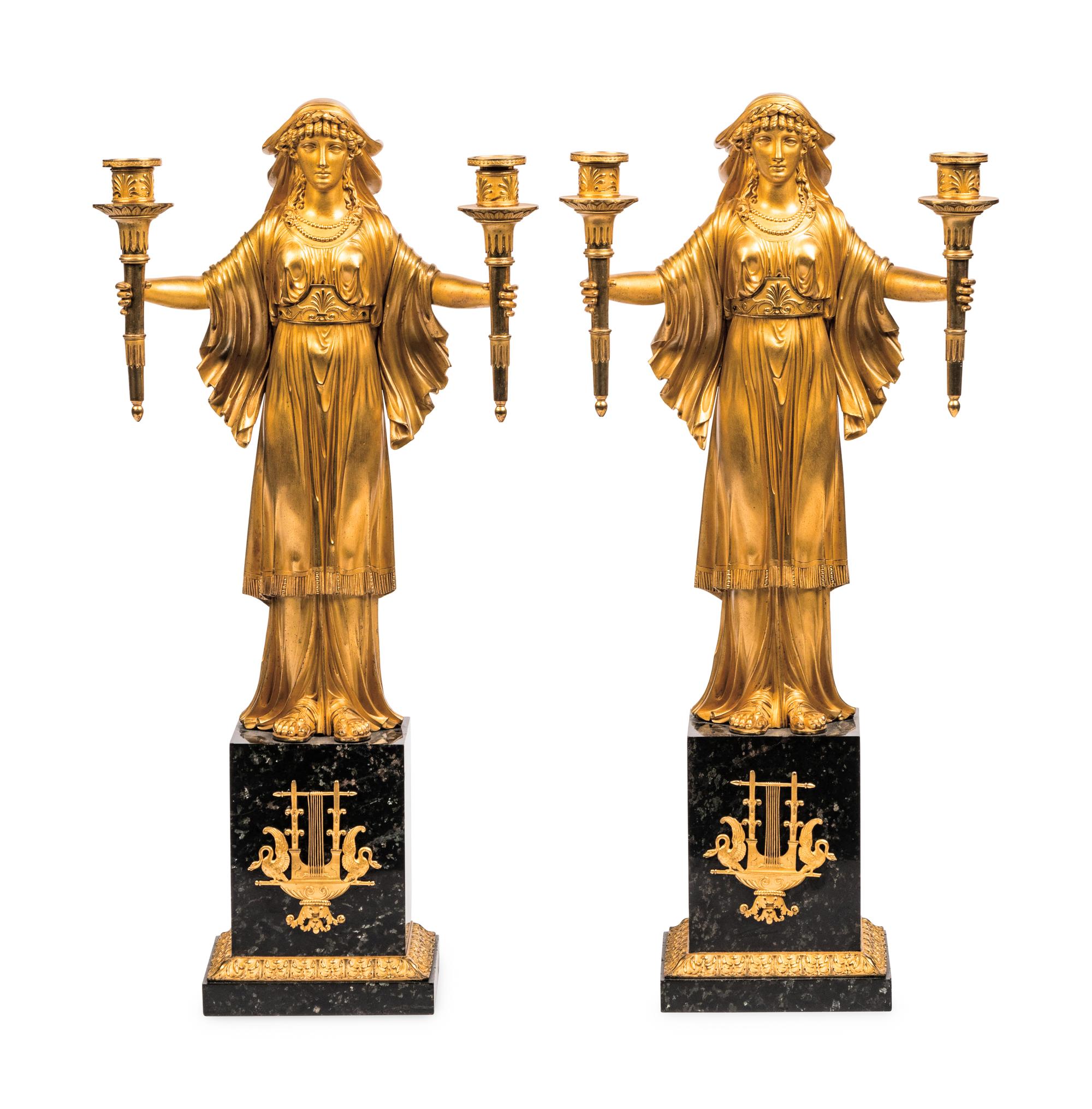 A Pair of Restauration Ormolu and Marble Figural Candelabra