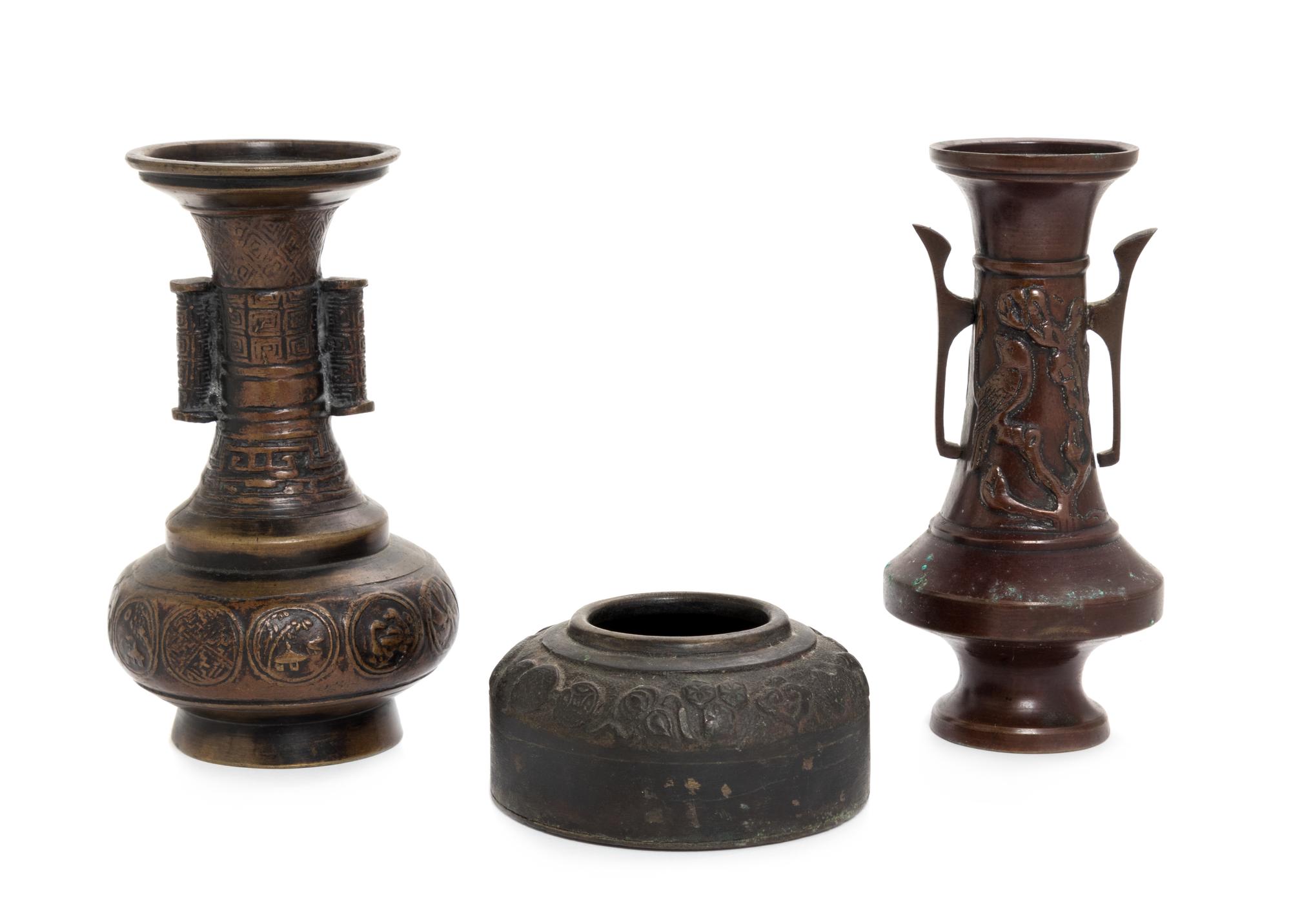 Three Chinese Bronze Articles Height of tallest 4 5/8 inches. — 20TH CENTURY