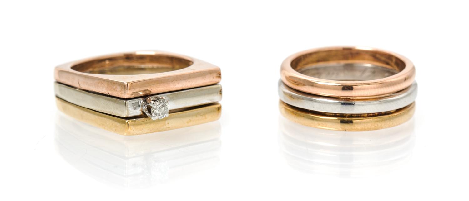A Collection of 14 Karat Tricolor Gold and Diamond Rings, 13.60 dwts.