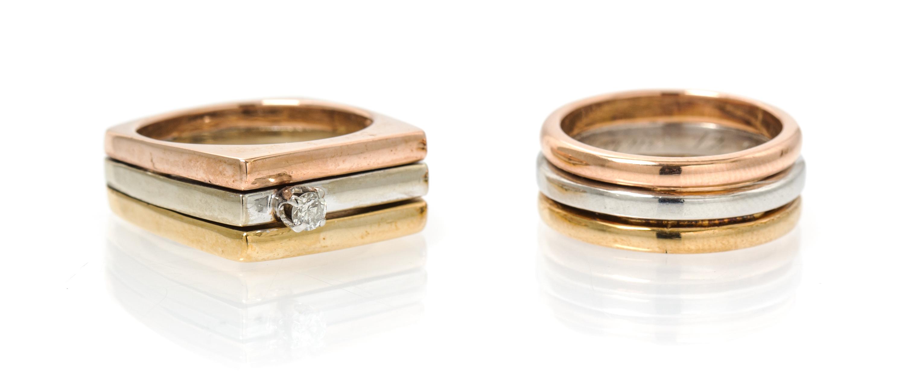 A Collection of 14 Karat Tricolor Gold and Diamond Rings, 13.60 dwts.