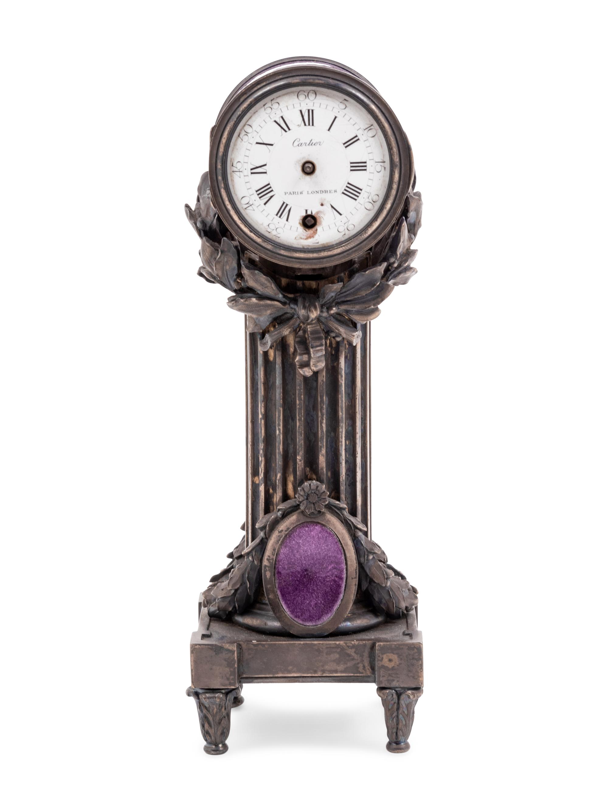 A Cartier Louis XVI Style Silver-Gilt and Guilloché Enamel Desk Clock and Barometer