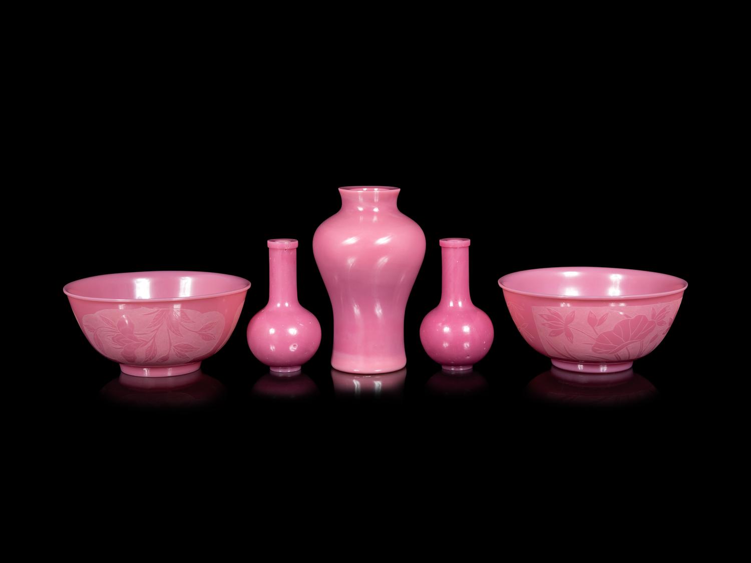 Five Chinese Opaque Pink Glass Articles