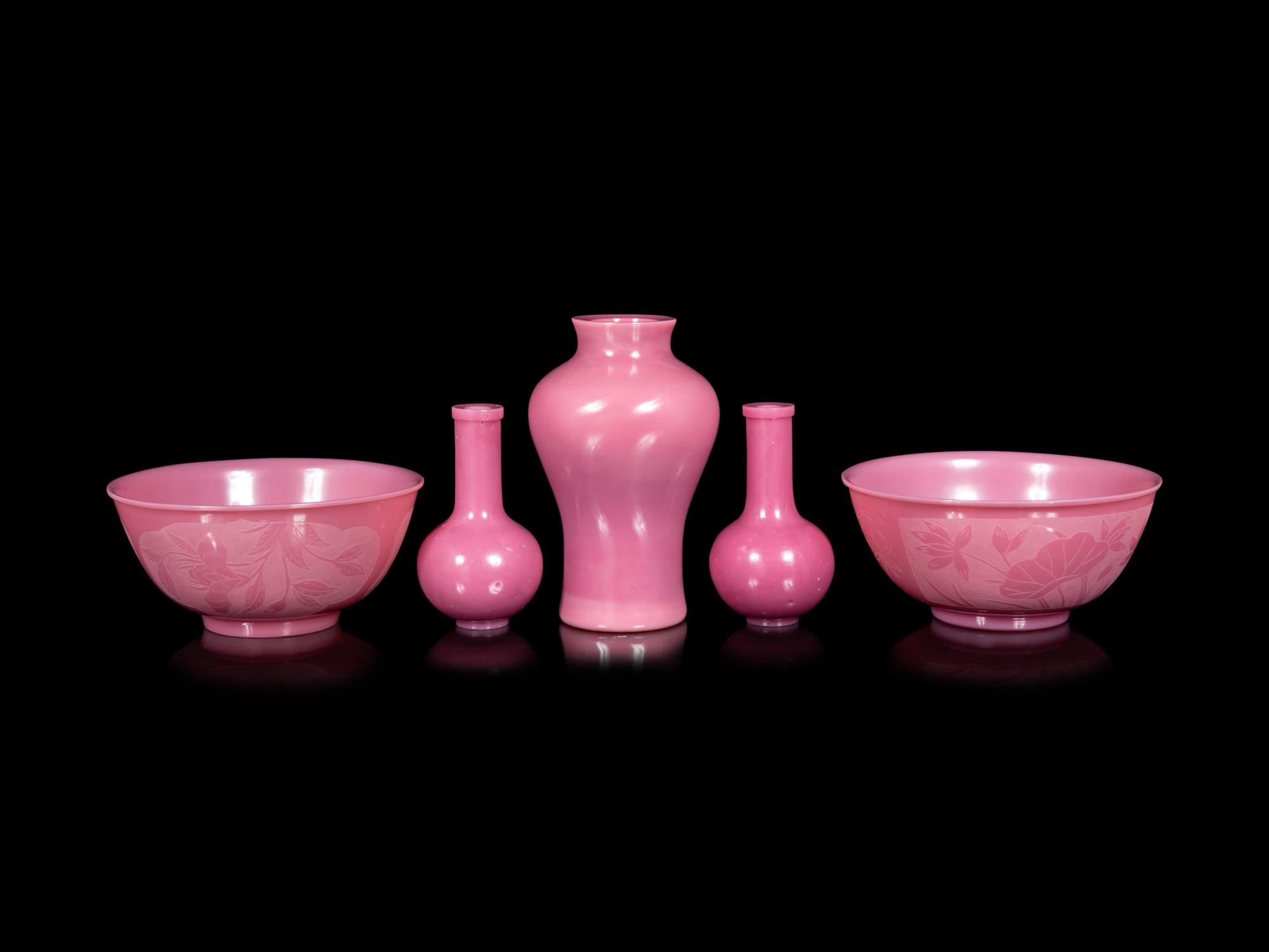 Five Chinese Opaque Pink Glass Articles