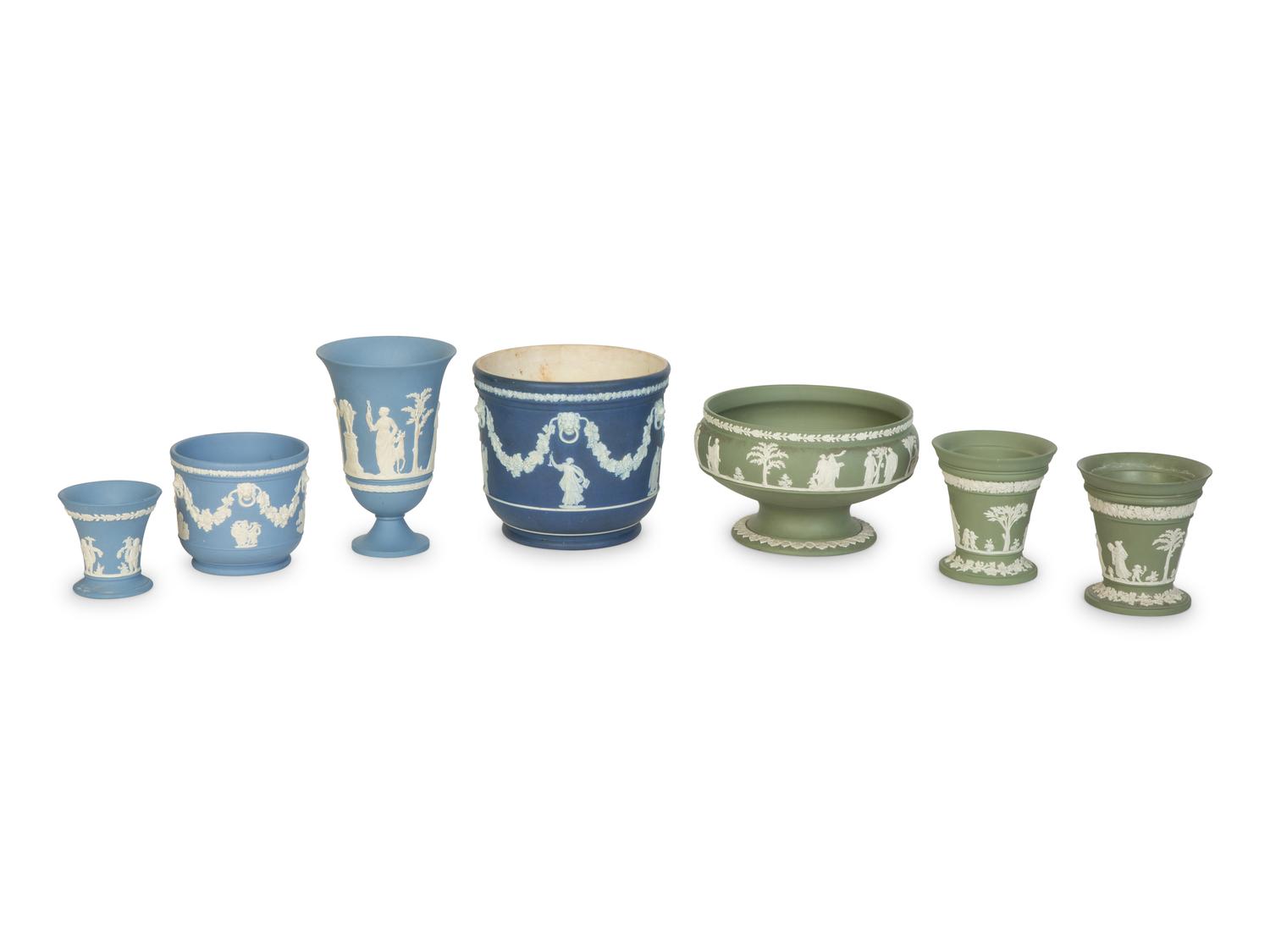 Seven Blue and Green Wedgwood Jasperware Articles