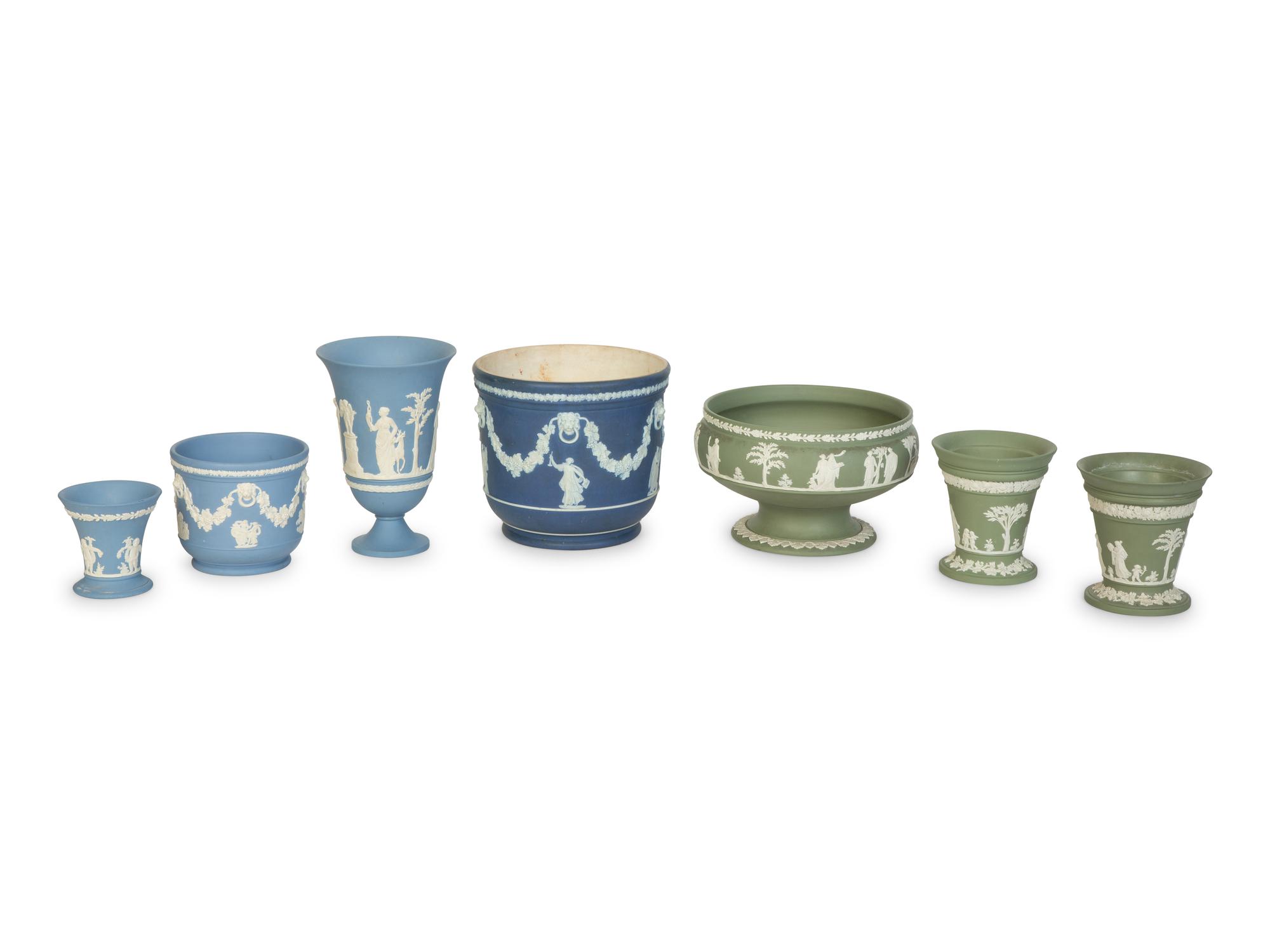 Seven Blue and Green Wedgwood Jasperware Articles
