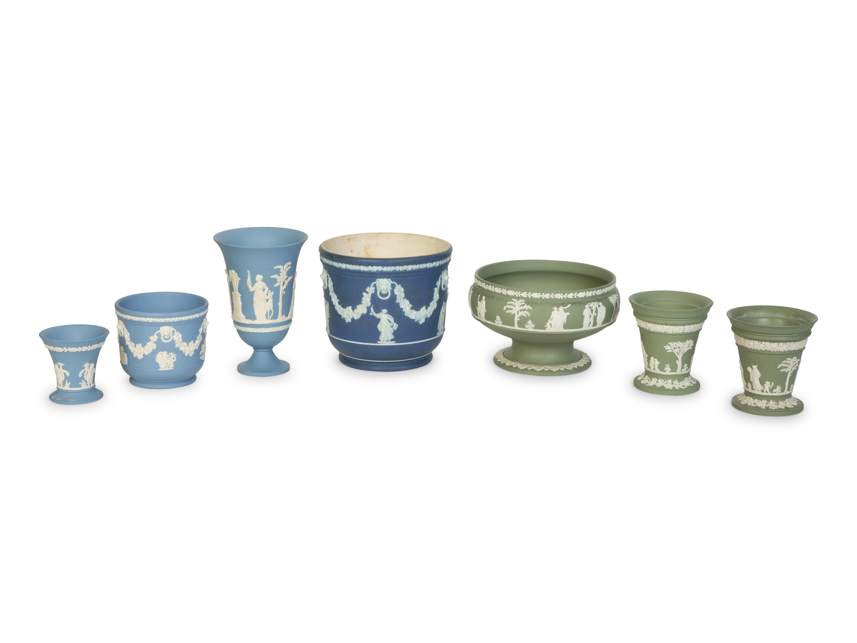 Seven Blue and Green Wedgwood Jasperware Articles