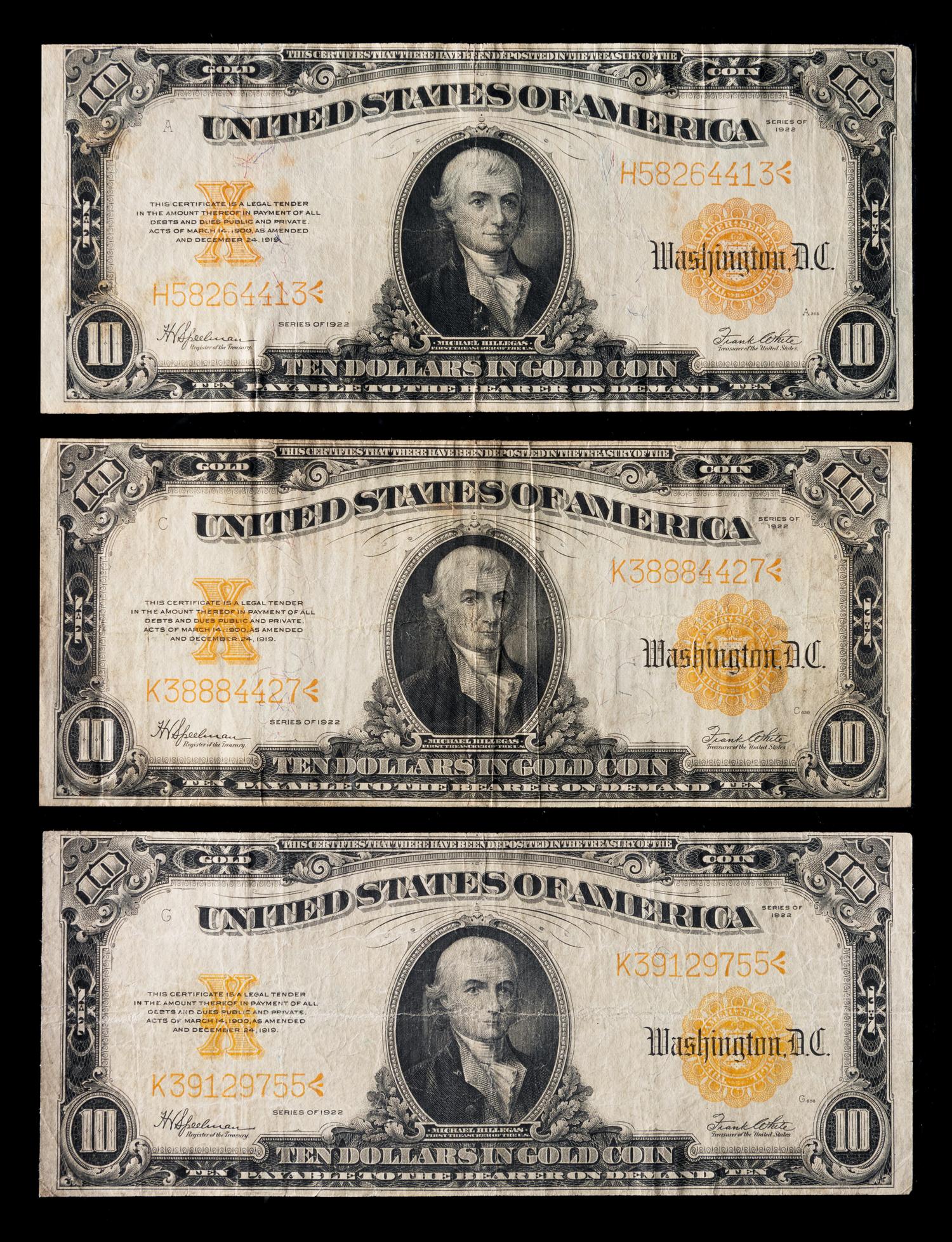 A Group of Three United States Series 1922 $10 Gold Certificates