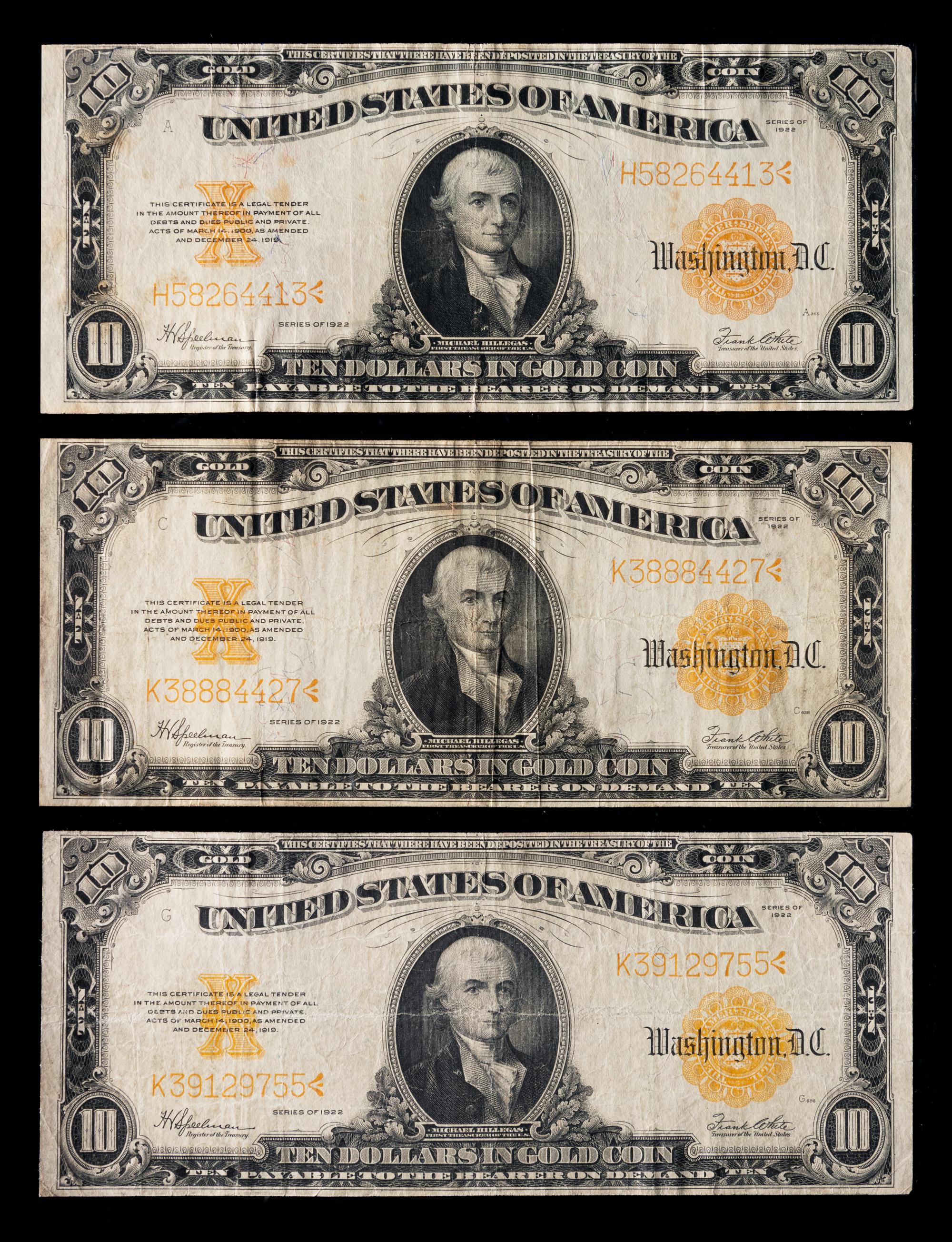 A Group of Three United States Series 1922 $10 Gold Certificates
