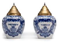 A Pair of Delft Lidded Tobacco Jars