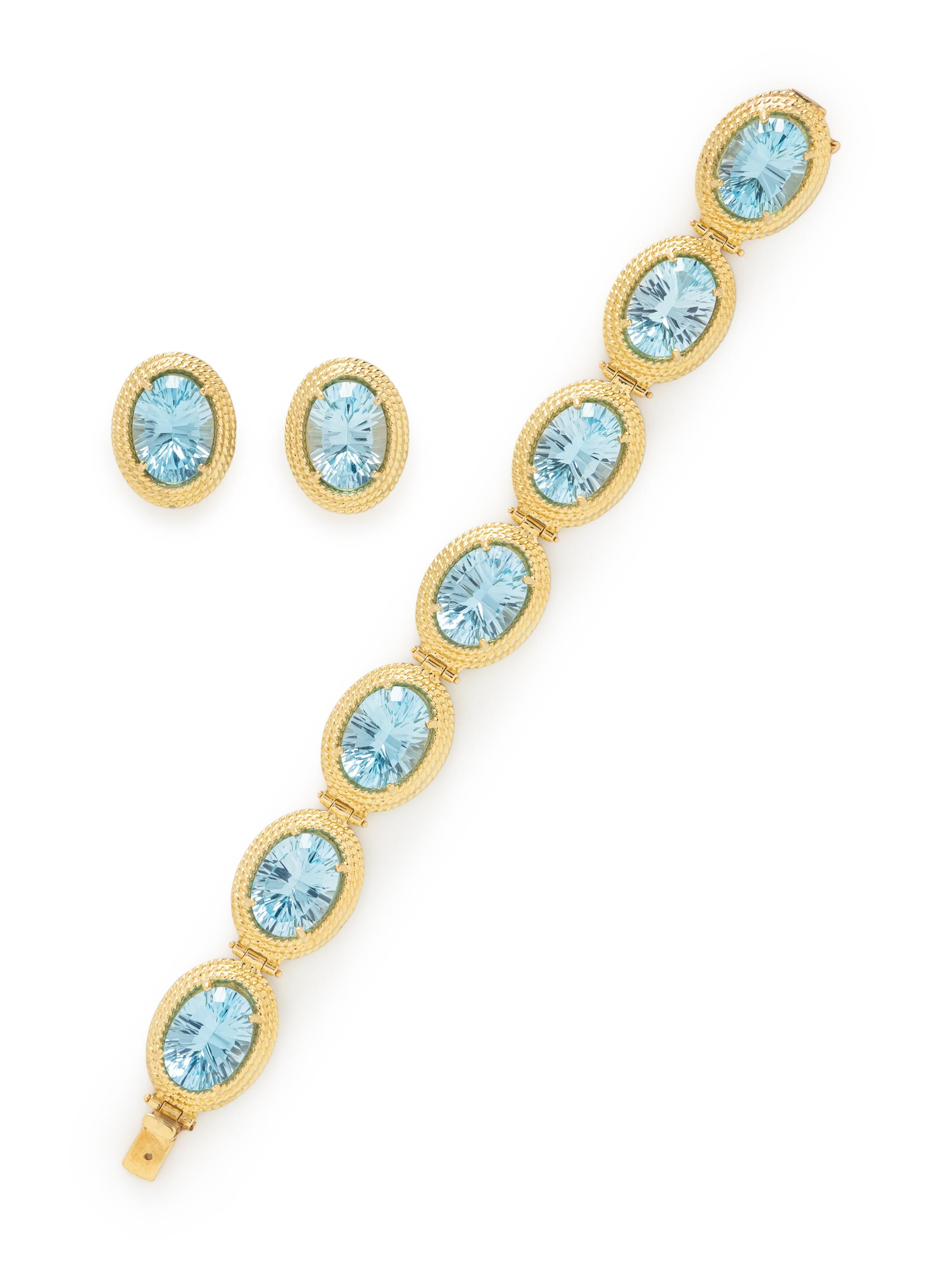 YELLOW GOLD AND BLUE TOPAZ BRACELET AND EARRINGS