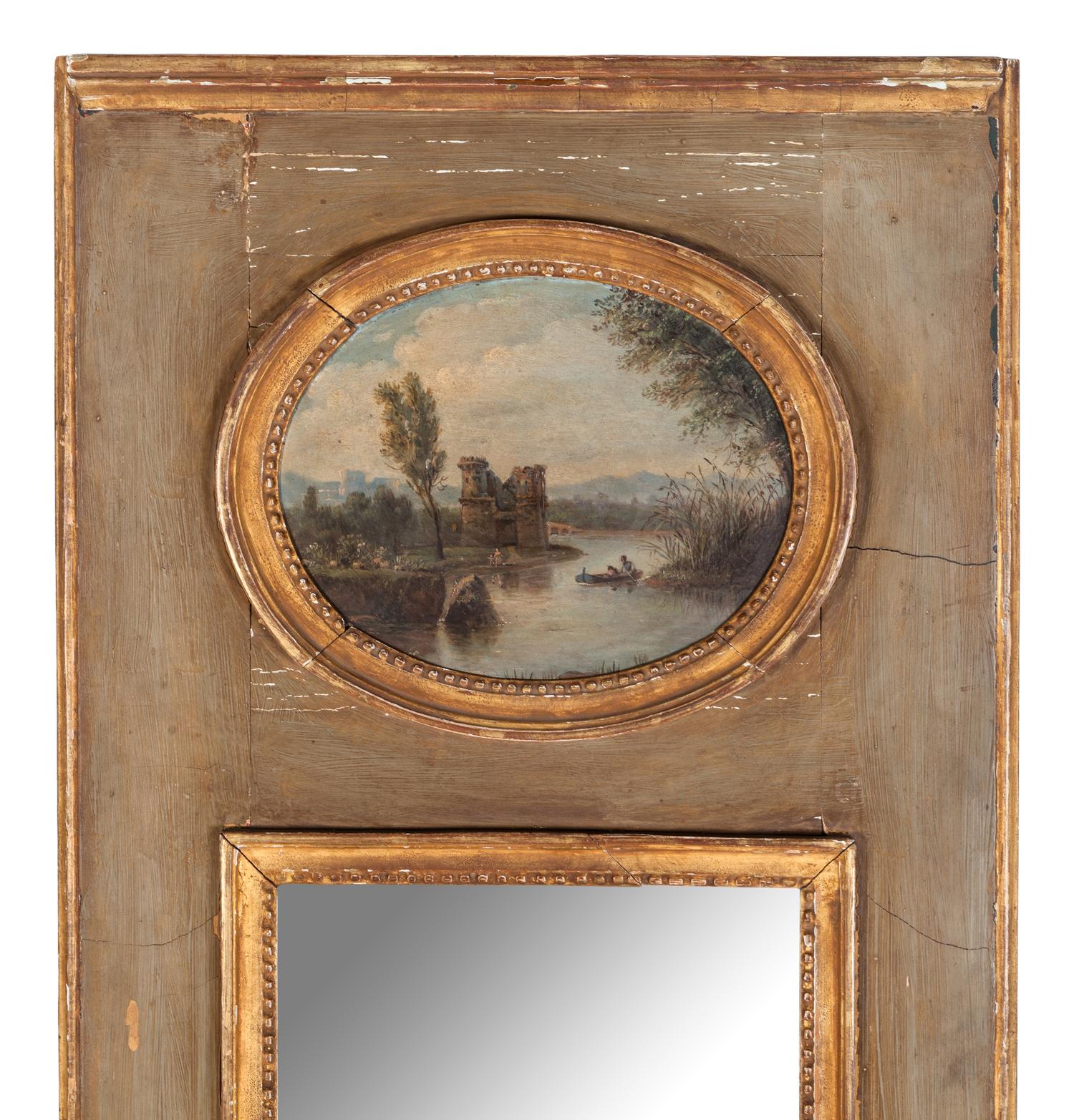 A French Painted and Parcel Gilt Trumeau Mirror