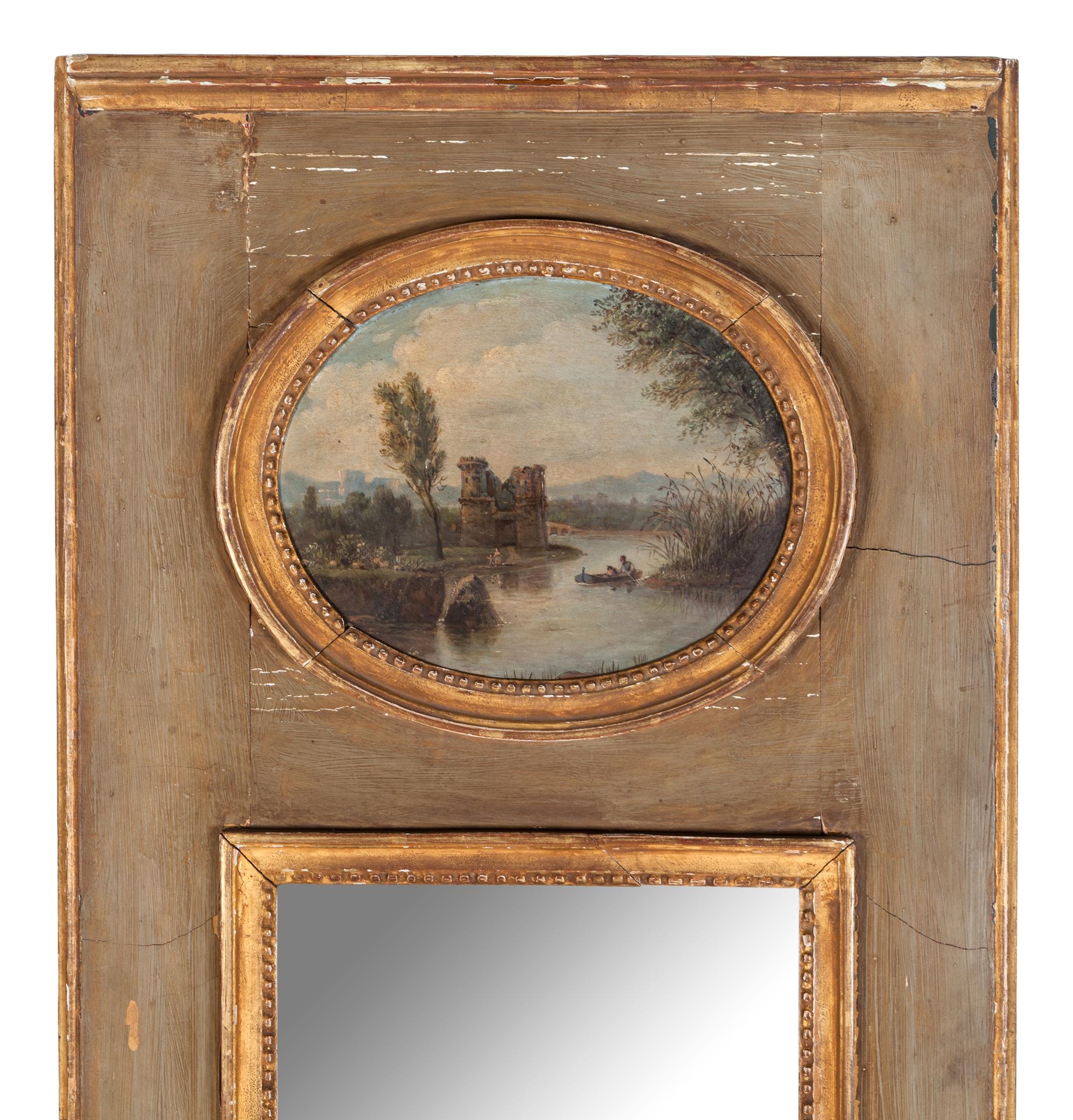 A French Painted and Parcel Gilt Trumeau Mirror