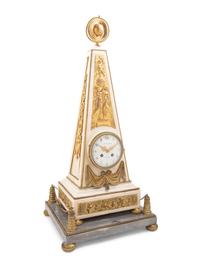 A Late Louis XVI or Directoire Gilt Bronze and Marble Obelisk Clock and Stand